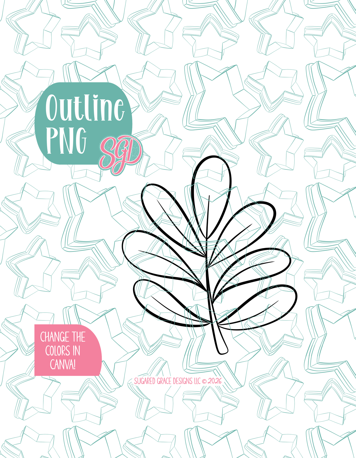 Black line outline drawing of the Zoo Leaf, displayed on a background watermarked with Sugared Grace Designs’ teal star pattern