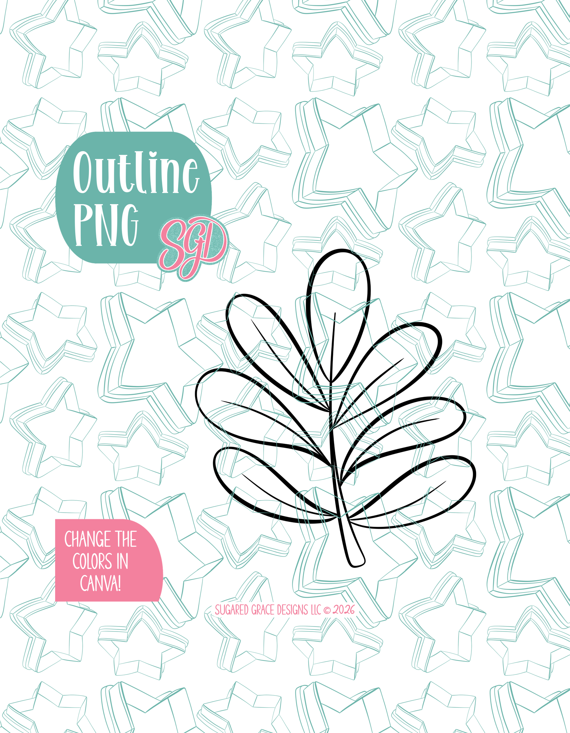 Black line outline drawing of the Zoo Leaf, displayed on a background watermarked with Sugared Grace Designs’ teal star pattern
