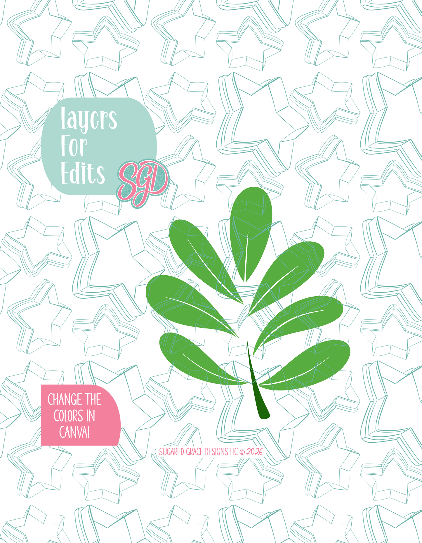 Colored layer breakdown of the Zoo Leaf showing each section in a different color, with every color representing a separate editable layer in Canva. Displayed on a background watermarked with Sugared Grace Designs’ teal star pattern