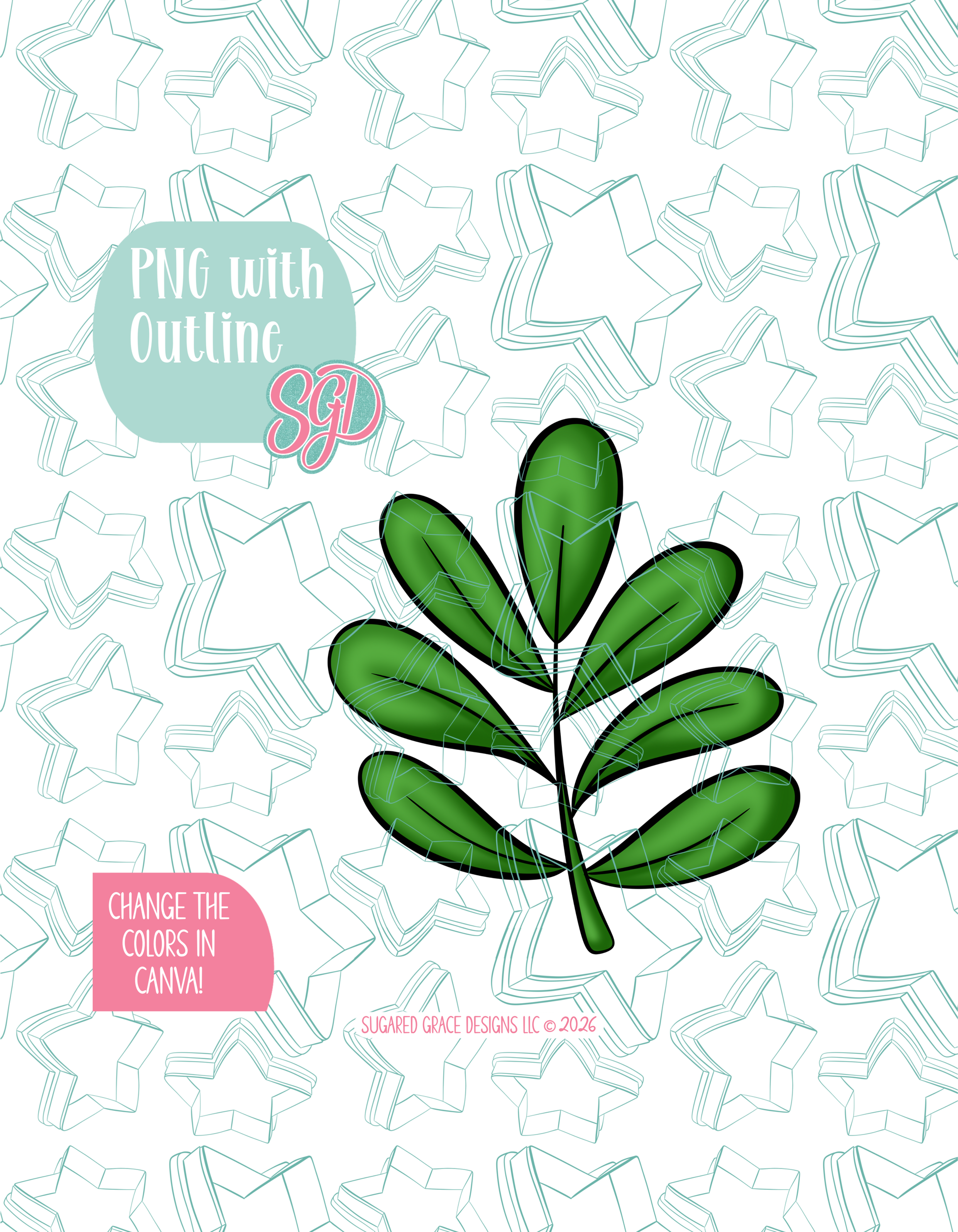 Full color illustrated Zoo Leaf, shown with a black outline on a background watermarked with Sugared Grace Designs’ teal star pattern