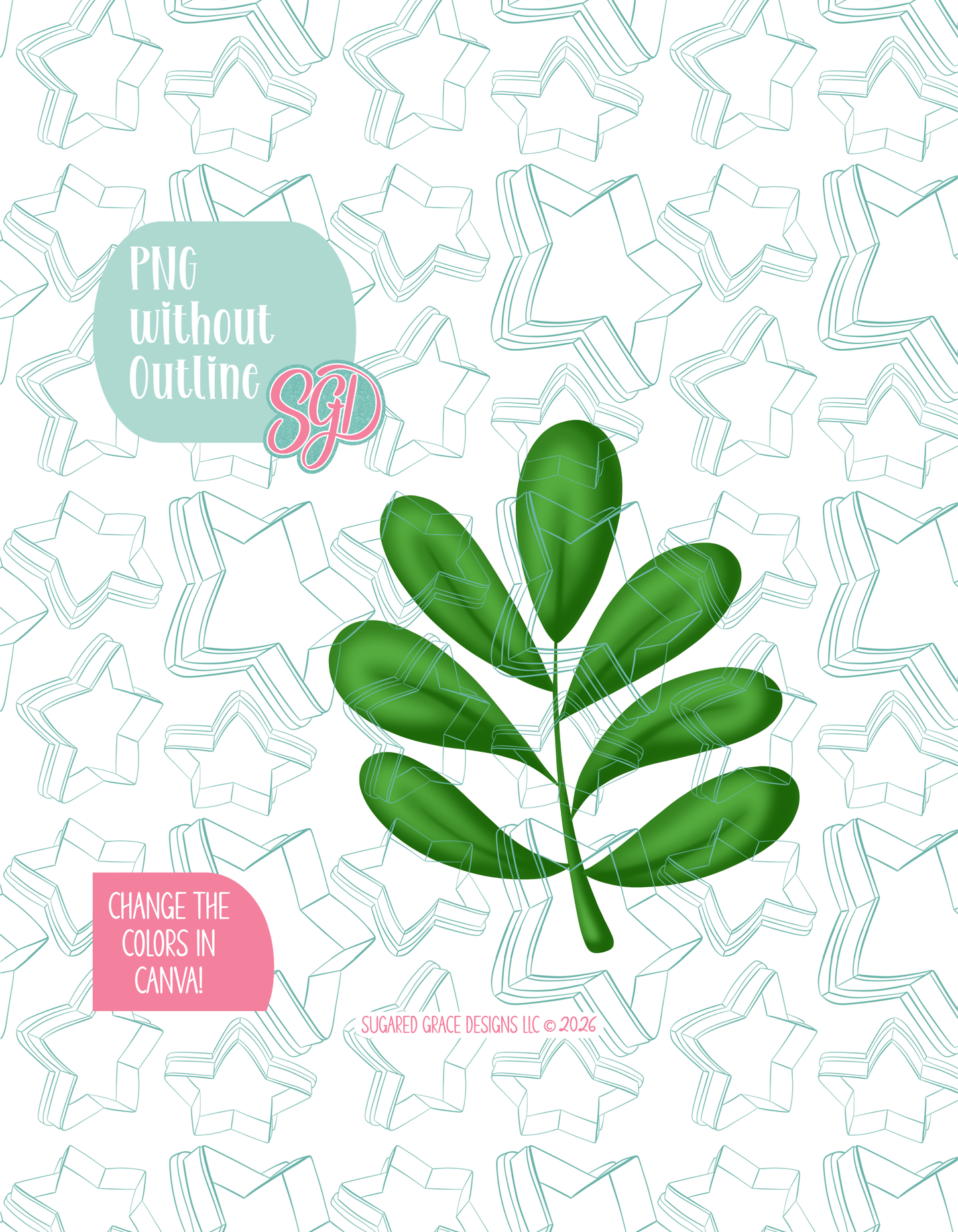 Full color version of the illustrated Zoo Leaf, shown without black outlines on a background watermarked with Sugared Grace Designs’ tag star pattern