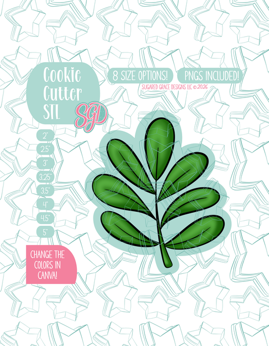 Illustrated Zoo Leaf, displayed on a background watermarked with a teal star pattern representing Sugared Grace Design’s brand. Text explains that the listing includes a Zoo Leaf STL cookie cutter in multiple sizes plus editable PNG files.