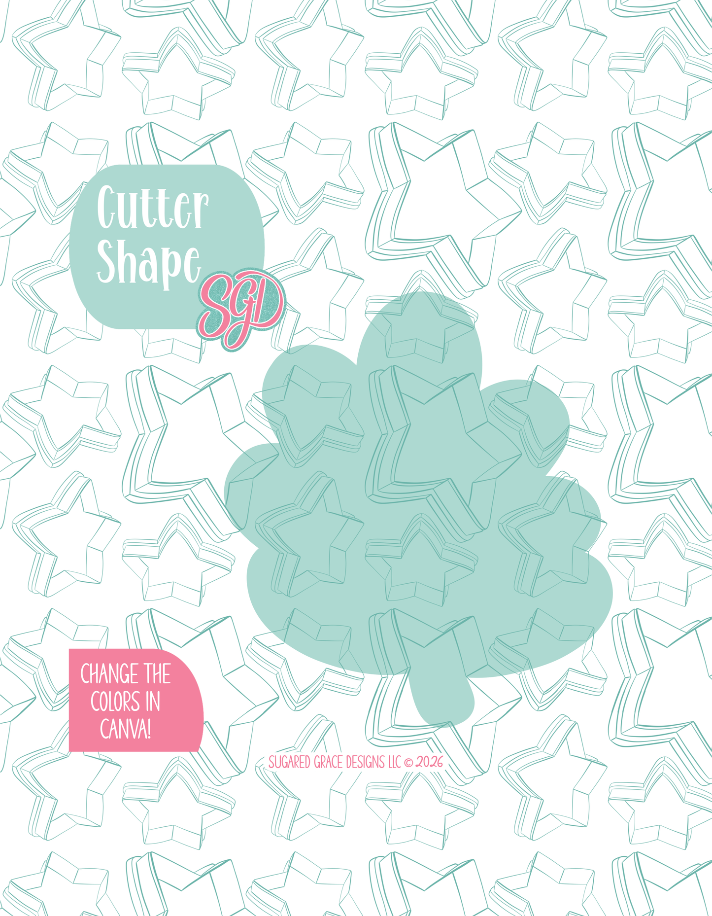 Solid teal silhouette showing the exact outer shape of the Zoo Leaf cookie cutter, displayed on a background watermarked with Sugared Grace Design’s teal star pattern