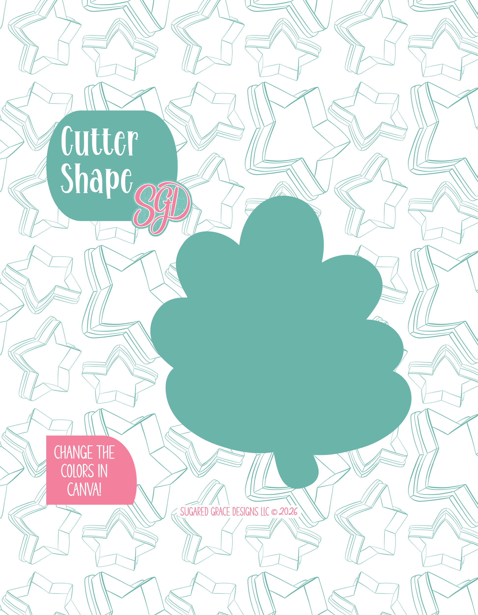 Solid teal silhouette showing the exact outer shape of the Zoo Leaf cookie cutter, displayed on a background watermarked with Sugared Grace Design’s teal star pattern