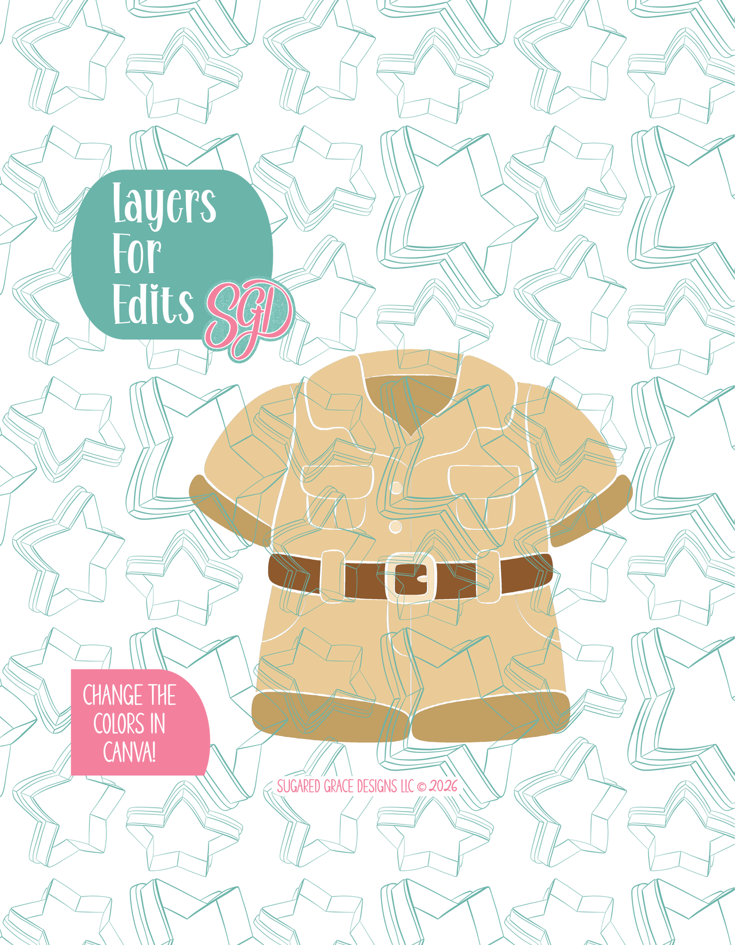 Colored layer breakdown of the Zookeeper Uniform showing each section in a different color, with every color representing a separate editable layer in Canva. Displayed on a background watermarked with Sugared Grace Designs’ teal star pattern