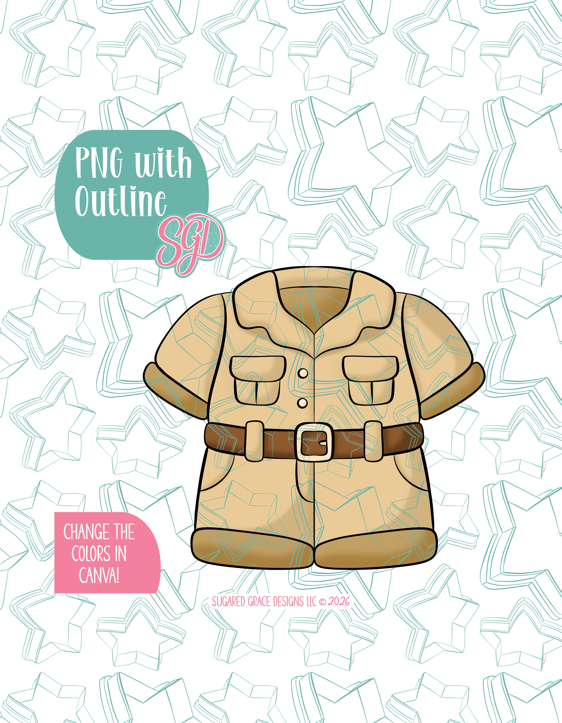 Full color illustrated Zookeeper Uniform, shown with a black outline on a background watermarked with Sugared Grace Designs’ teal star pattern