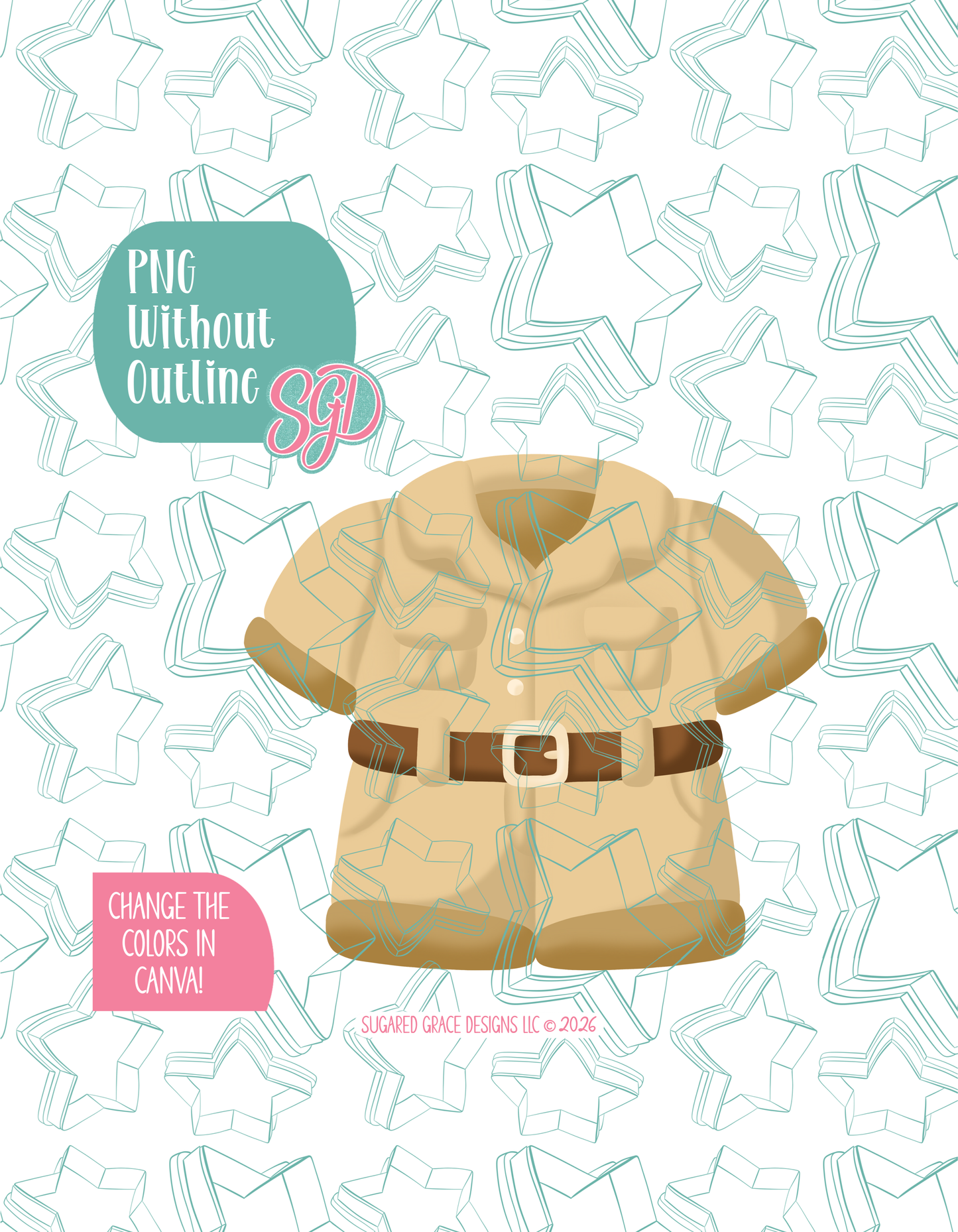 Full color version of the illustrated Zookeeper Uniform, shown without black outlines on a background watermarked with Sugared Grace Designs’ tag star pattern