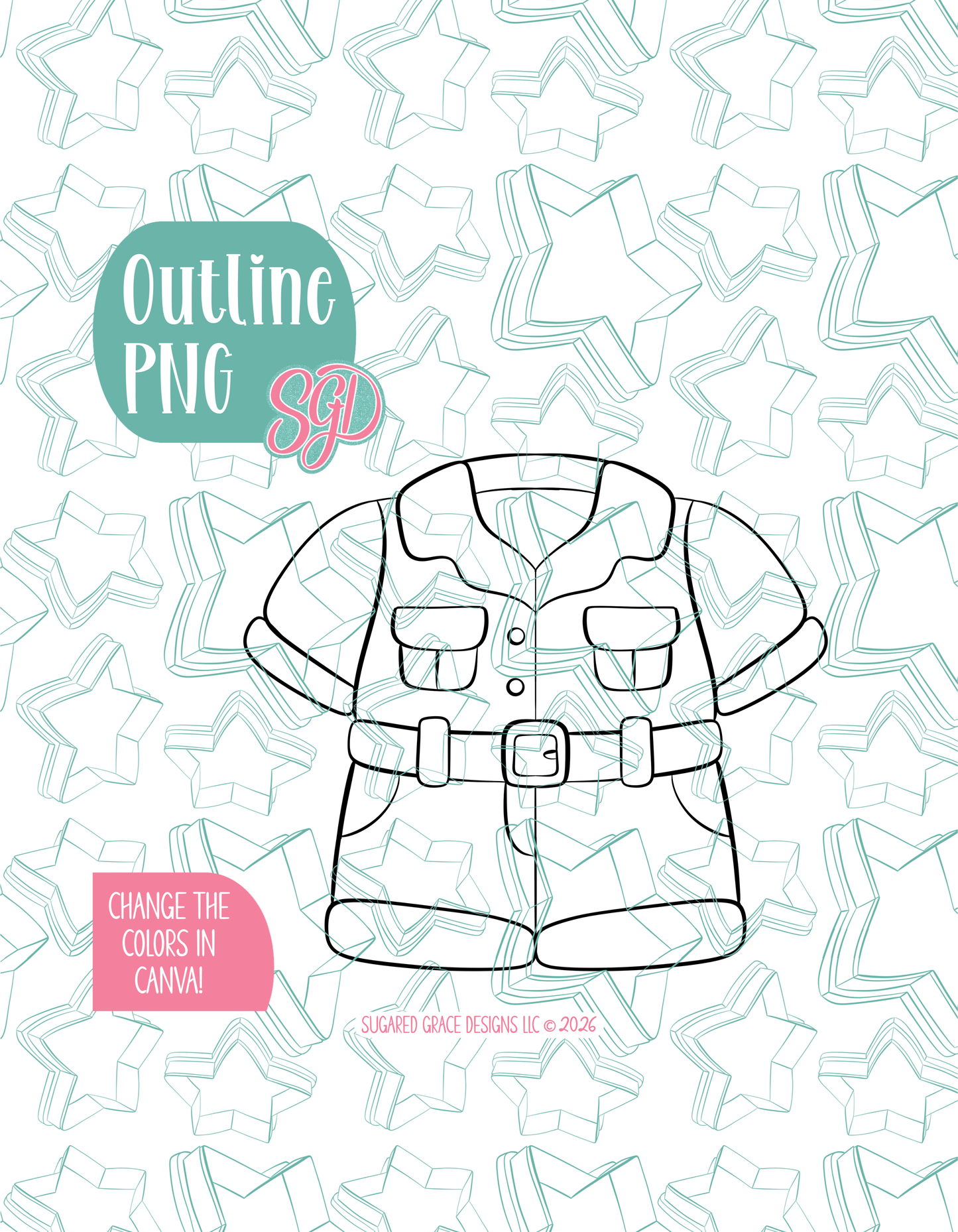 Black line outline drawing of the Zookeeper Uniform, displayed on a background watermarked with Sugared Grace Designs’ teal star pattern