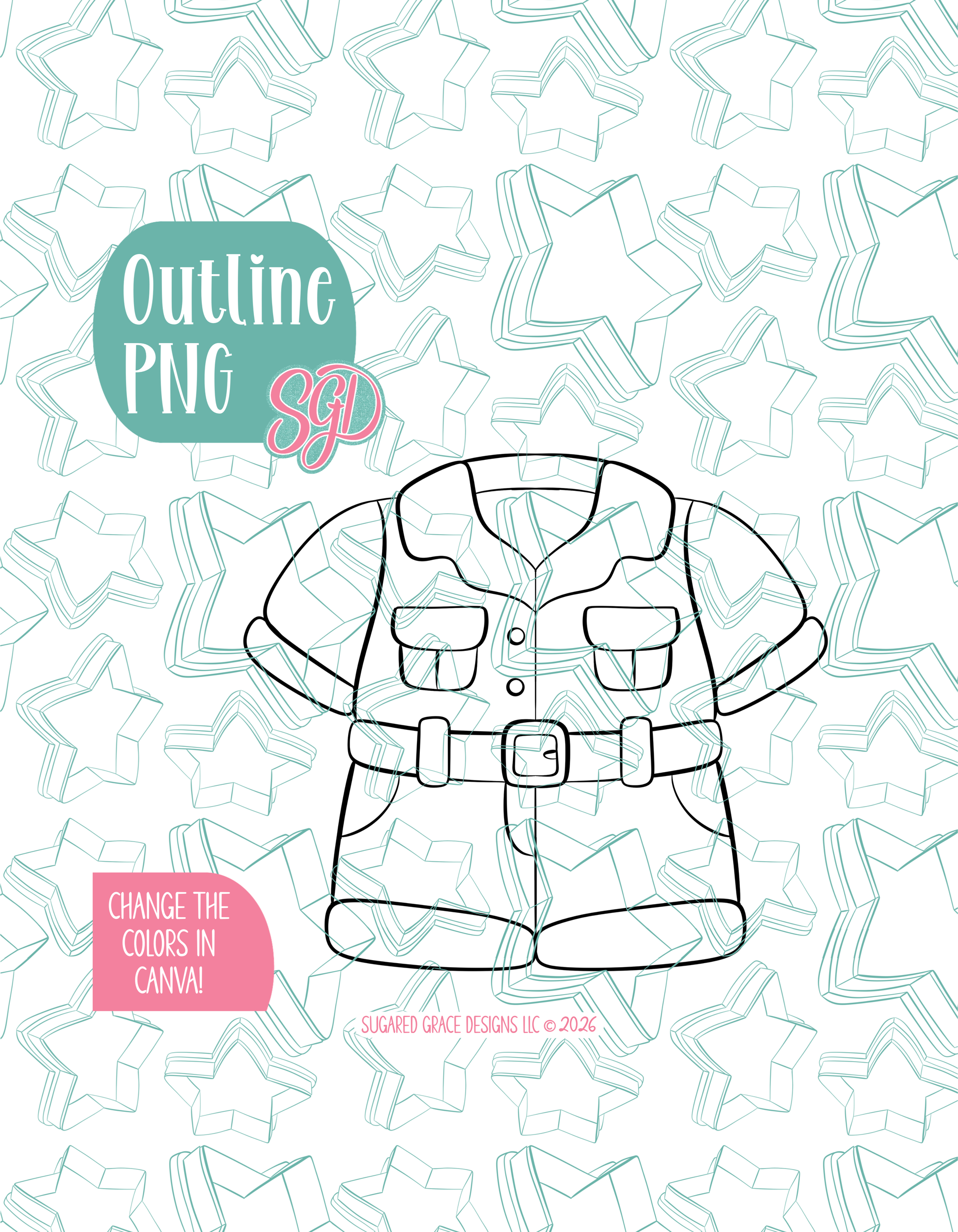 Black line outline drawing of the Zookeeper Uniform, displayed on a background watermarked with Sugared Grace Designs’ teal star pattern