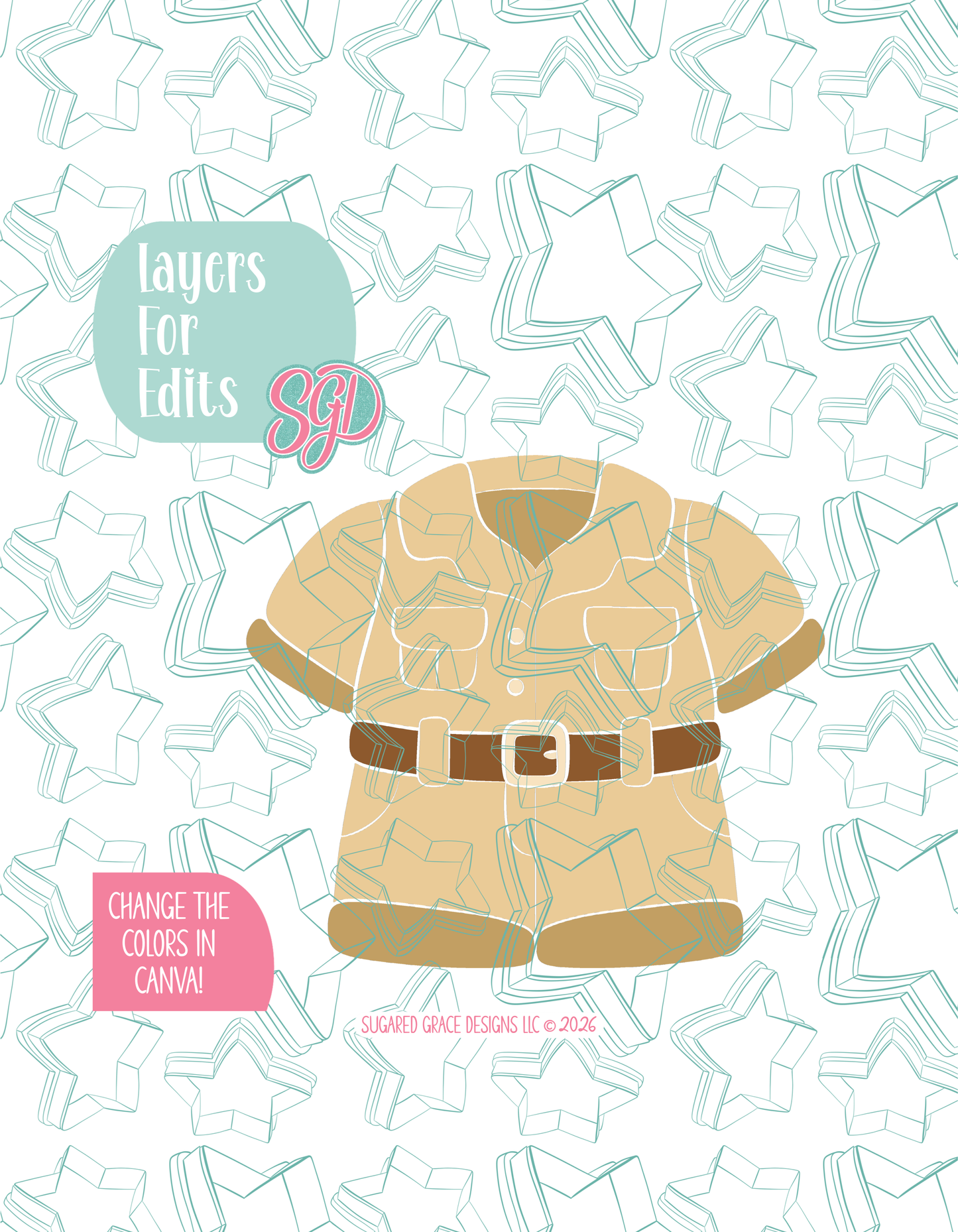 Colored layer breakdown of the Zookeeper Uniform showing each section in a different color, with every color representing a separate editable layer in Canva. Displayed on a background watermarked with Sugared Grace Designs’ teal star pattern