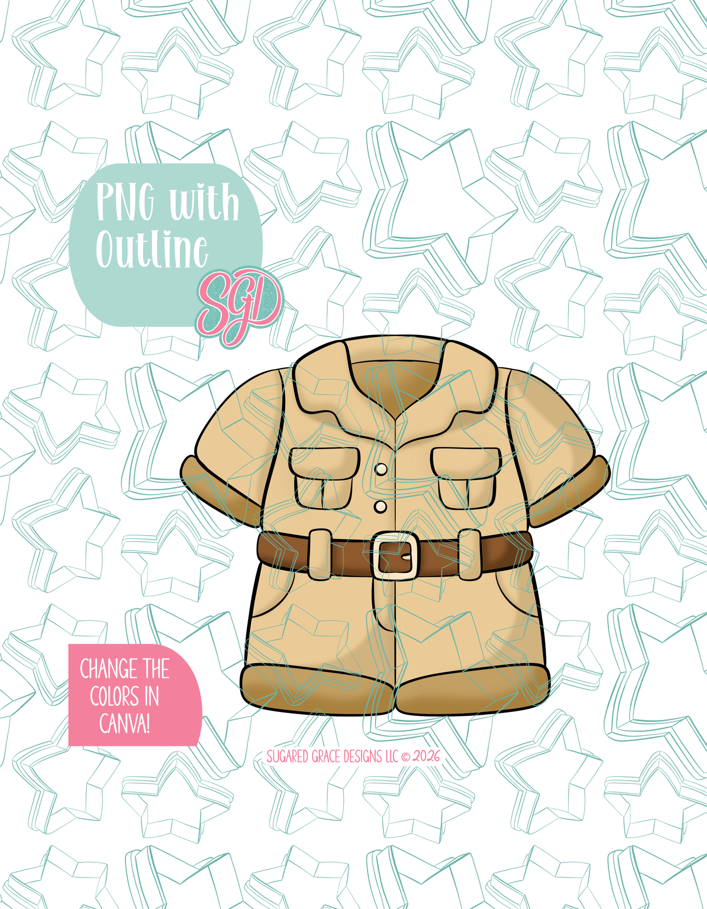 Full color illustrated Zookeeper Uniform, shown with a black outline on a background watermarked with Sugared Grace Designs’ teal star pattern