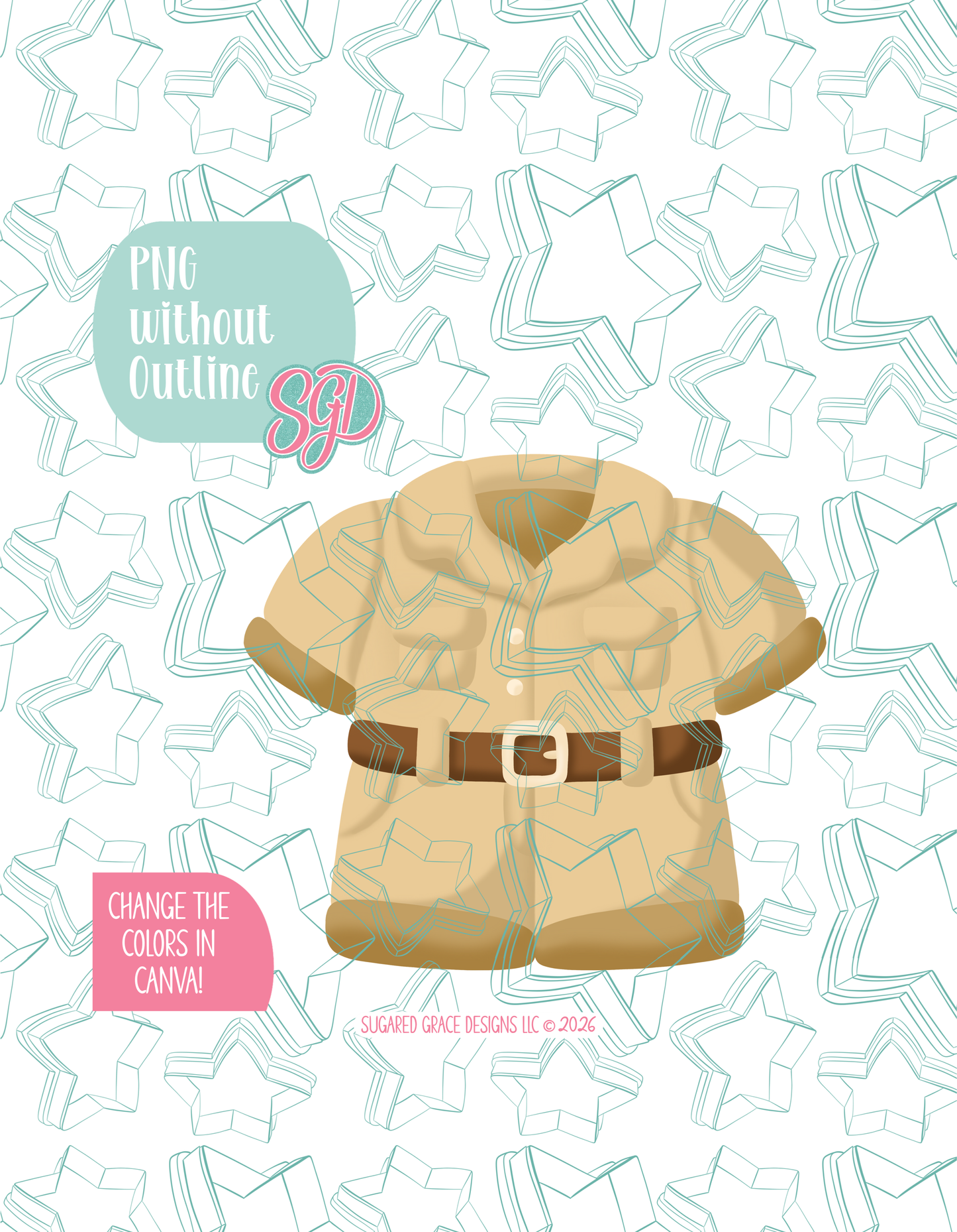 Full color version of the illustrated Zookeeper Uniform, shown without black outlines on a background watermarked with Sugared Grace Designs’ tag star pattern