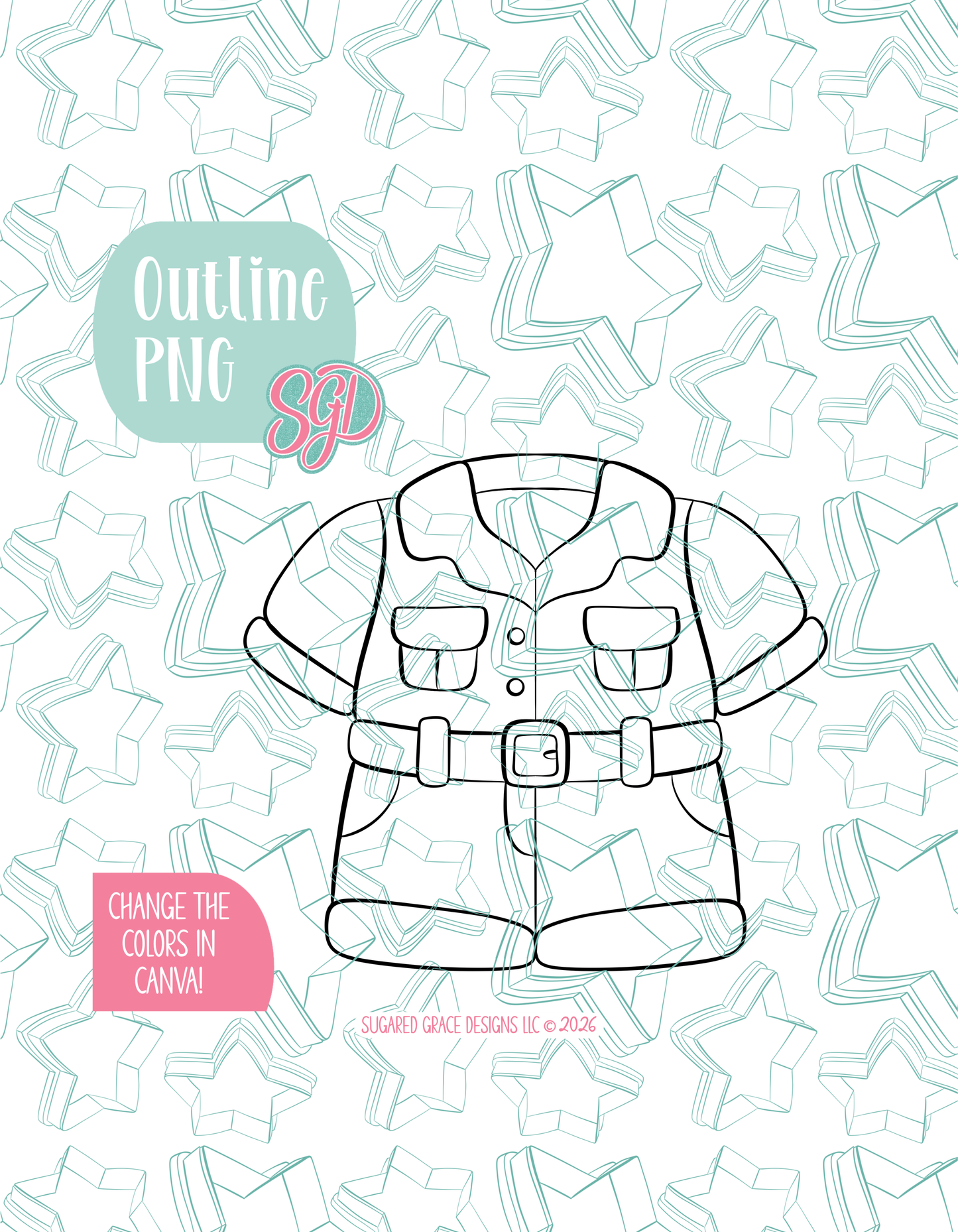 Black line outline drawing of the Zookeeper Uniform, displayed on a background watermarked with Sugared Grace Designs’ teal star pattern