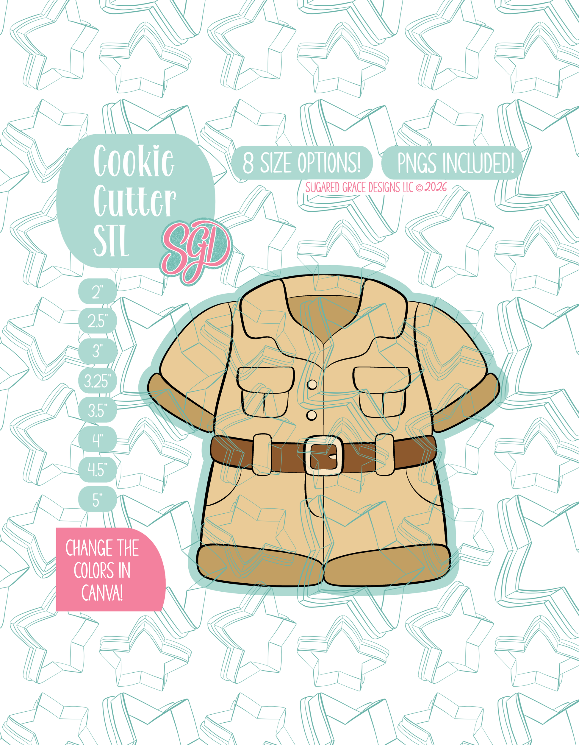 Illustrated Zookeeper Uniform, displayed on a background watermarked with a teal star pattern representing Sugared Grace Design’s brand. Text explains that the listing includes a Zookeeper Uniform STL cookie cutter in multiple sizes plus editable PNG files.