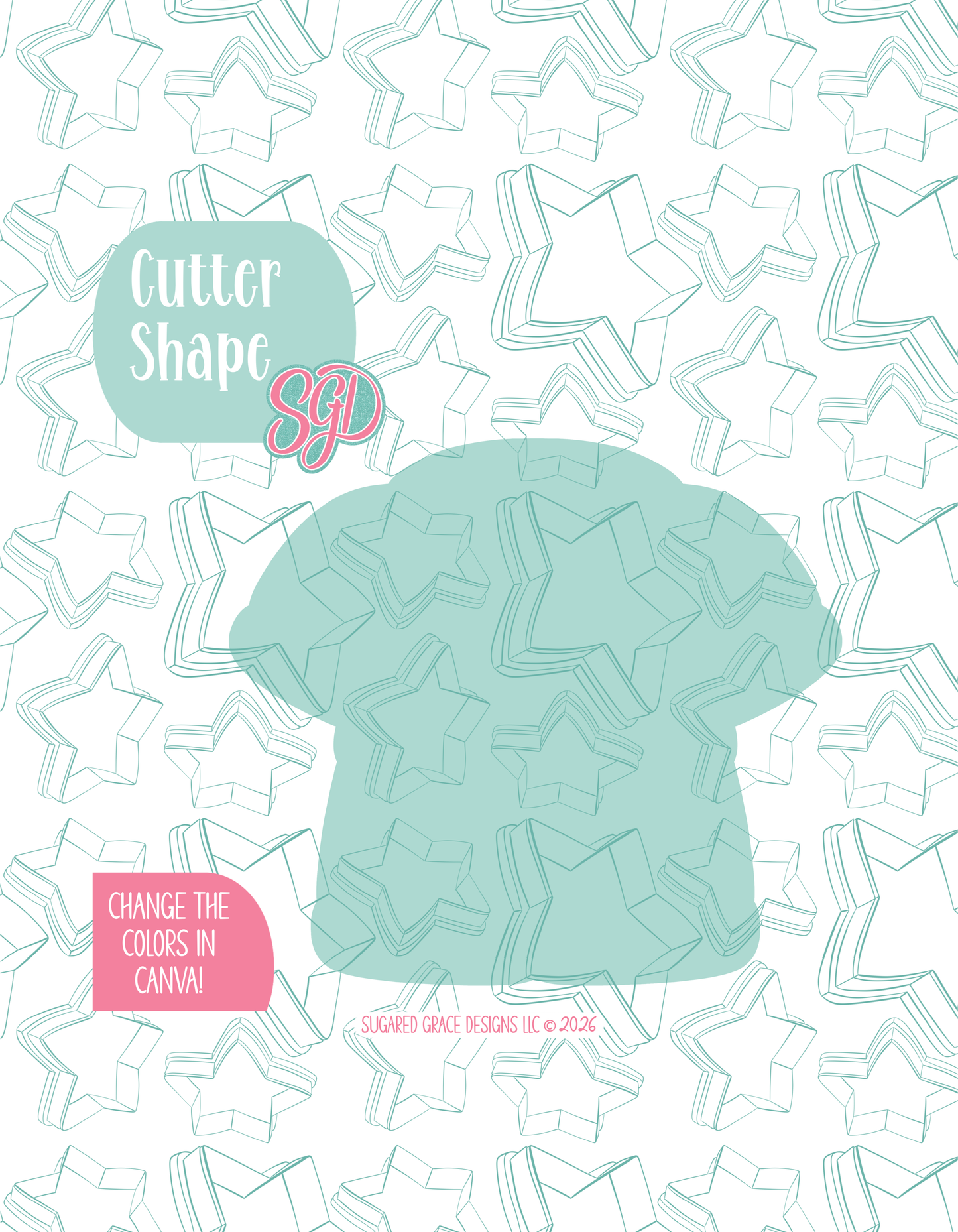 Colored layer breakdown of the Zookeeper Uniform showing each section in a different color, with every color representing a separate editable layer in Canva. Displayed on a background watermarked with Sugared Grace Designs’ teal star pattern