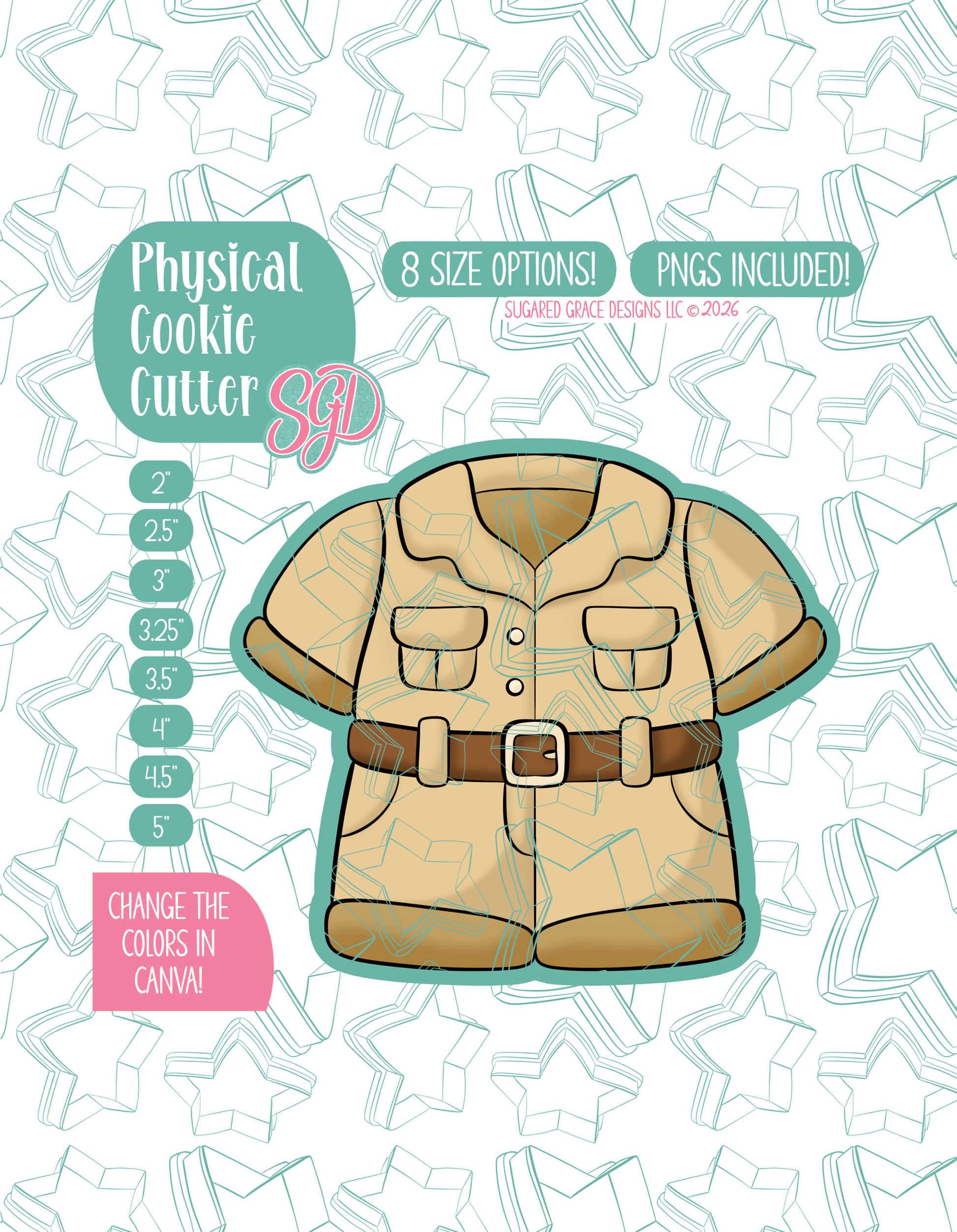 Illustrated Zookeeper Uniform, displayed on a background watermarked with a teal star pattern representing Sugared Grace Design’s brand. Text explains that the listing includes a Zookeeper Uniform STL cookie cutter in multiple sizes plus editable PNG files.