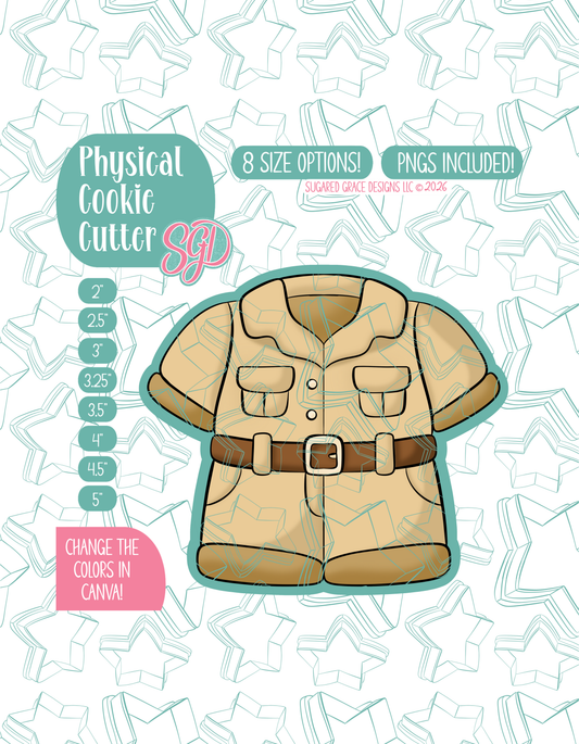 Illustrated Zookeeper Uniform, displayed on a background watermarked with a teal star pattern representing Sugared Grace Design’s brand. Text explains that the listing includes a Zookeeper Uniform STL cookie cutter in multiple sizes plus editable PNG files.