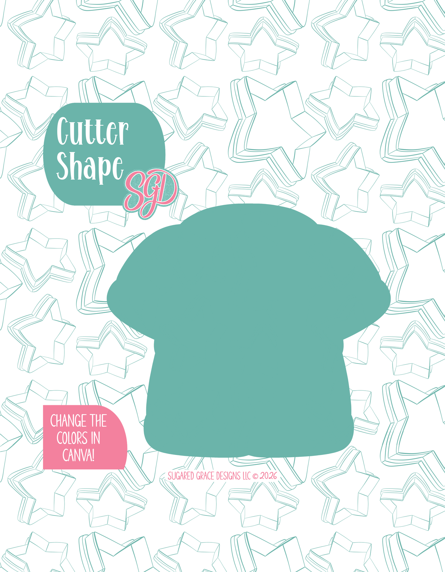 Solid teal silhouette showing the exact outer shape of the Zookeeper Uniform cookie cutter, displayed on a background watermarked with Sugared Grace Design’s teal star pattern
