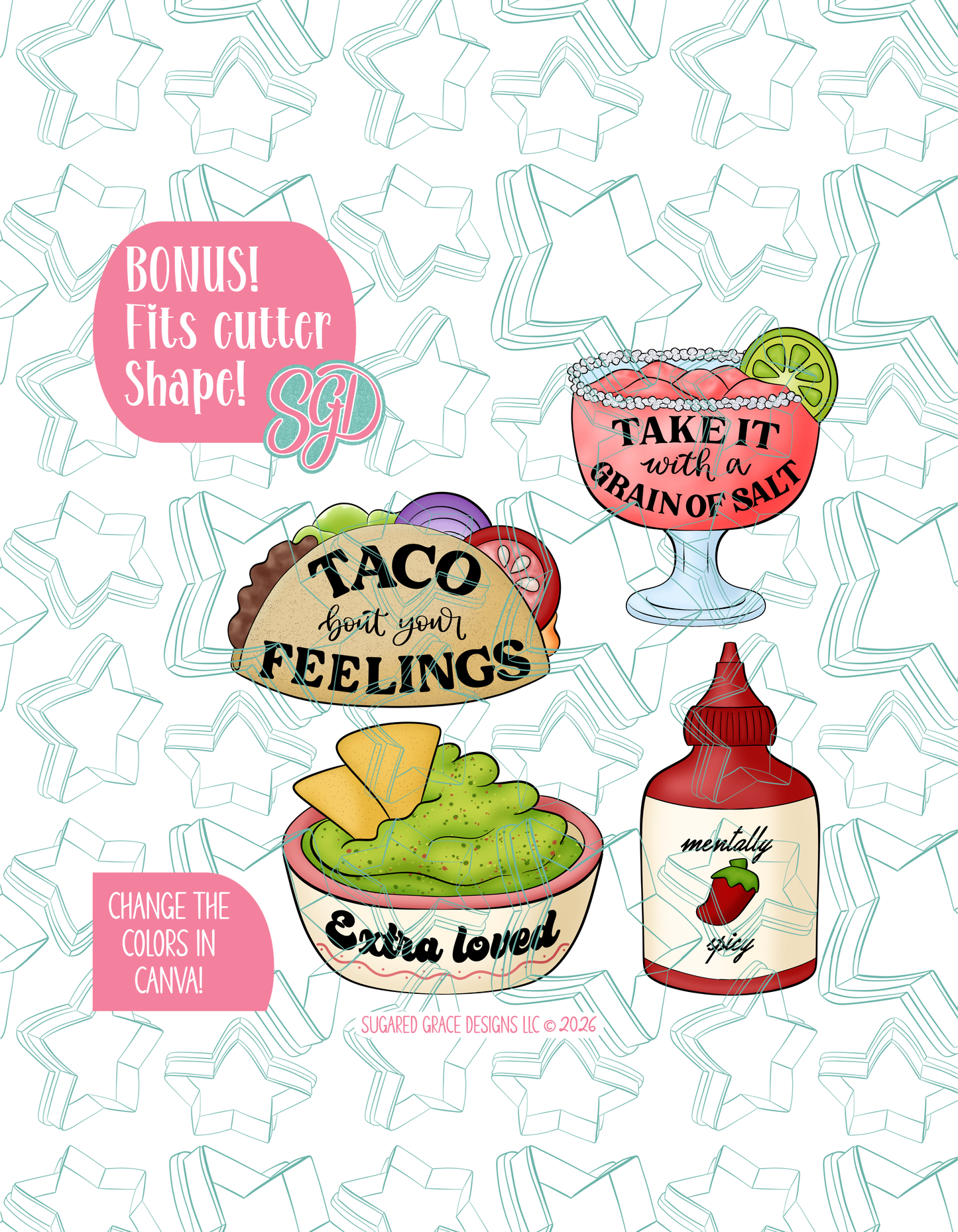 Taco Bout Your Feelings Set of 4 PNG Designs for Edible Ink Printers - Hand Drawn Editable Graphics (Digital Download)