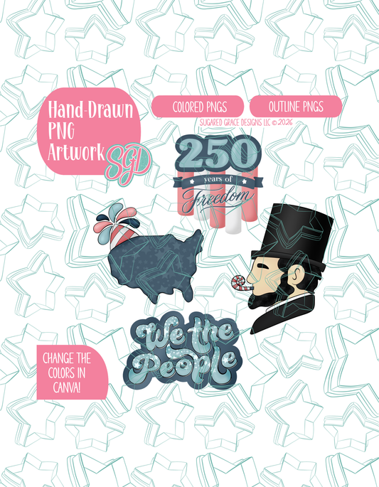America's 250th Birthday Set of 4 PNG Designs for Edible Ink Printers - Hand Drawn Editable Graphics (Digital Download)
