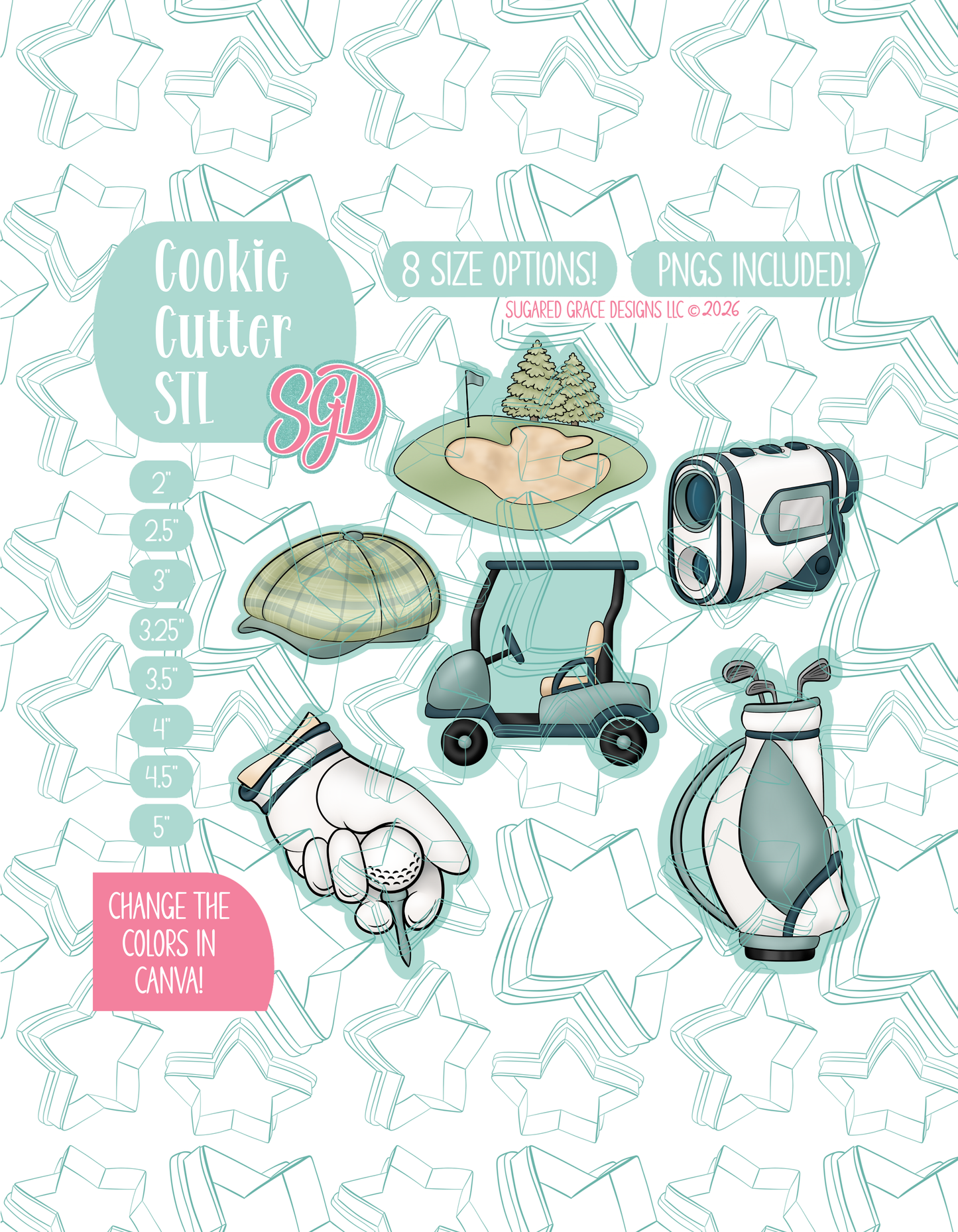 Editable Golf Cookie Cutter STL and PNG Set with 6 Designs (Digital Download)