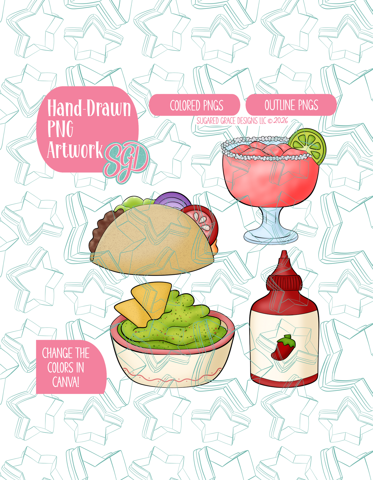 Taco Bout Your Feelings Set of 4 PNG Designs for Edible Ink Printers - Hand Drawn Editable Graphics (Digital Download)