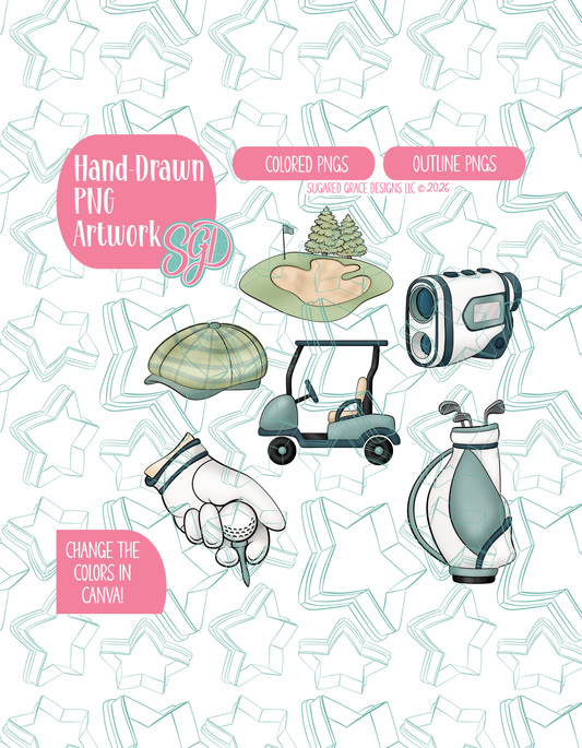 Golf Set of 6 Designs for Edible Ink Printers - Hand Drawn Editable Graphics (Digital Download)