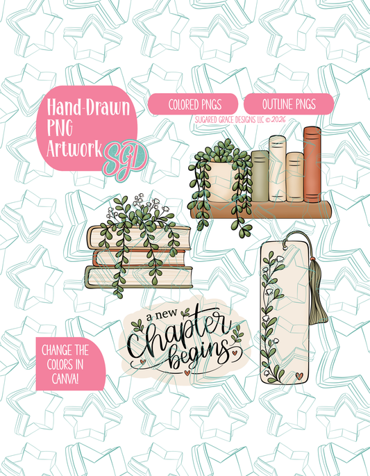 A New Chapter Begins Set of 4 PNG Designs for Edible Ink Printers - Hand Drawn Editable Graphics (Digital Download)