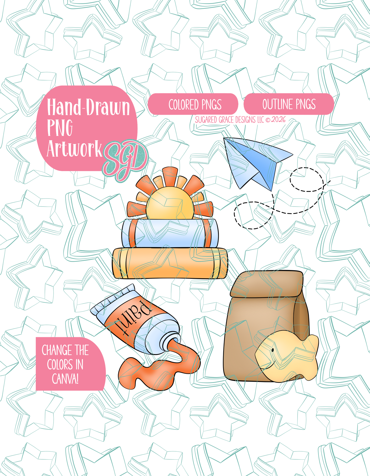 Back to School Set of 4 PNG Designs for Edible Ink Printers - Hand Drawn Editable Graphics (Digital Download)