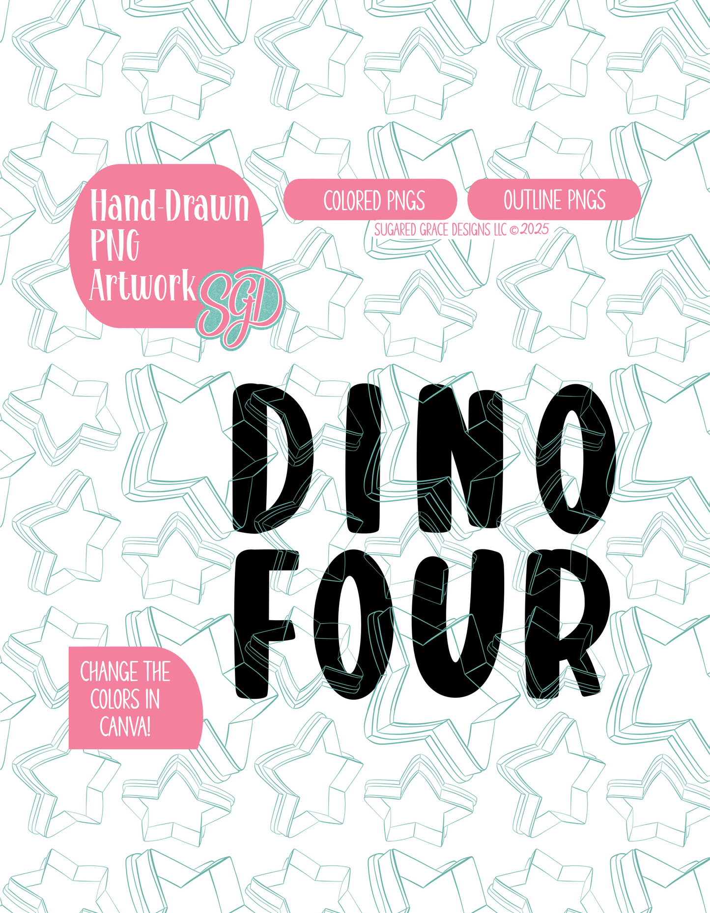 Dino Four PNG Image Set for Edible Ink Printers - Hand Drawn Editable Graphics