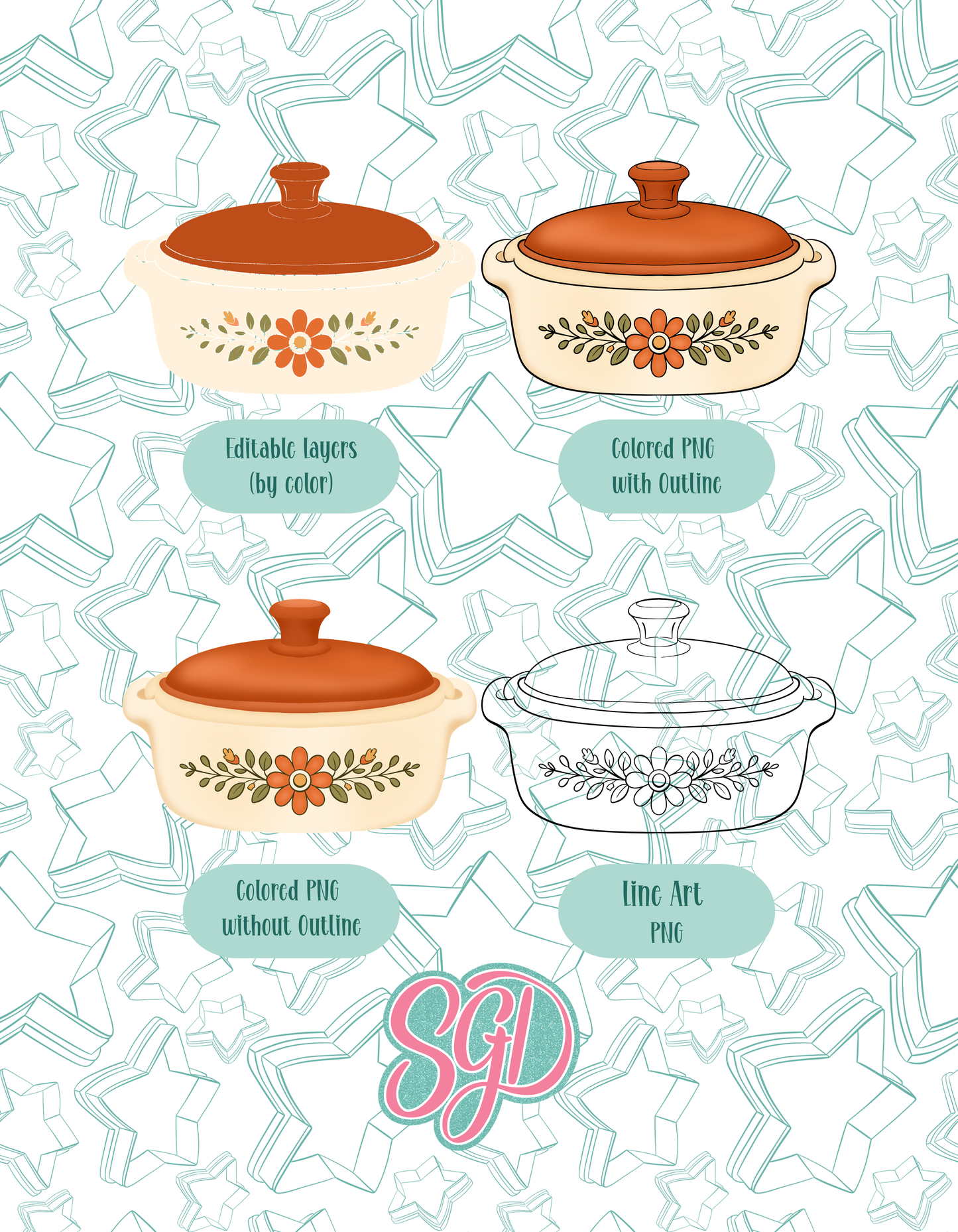 Vintage Casserole Dish Cookie Cutter STL and Matching PNG Image