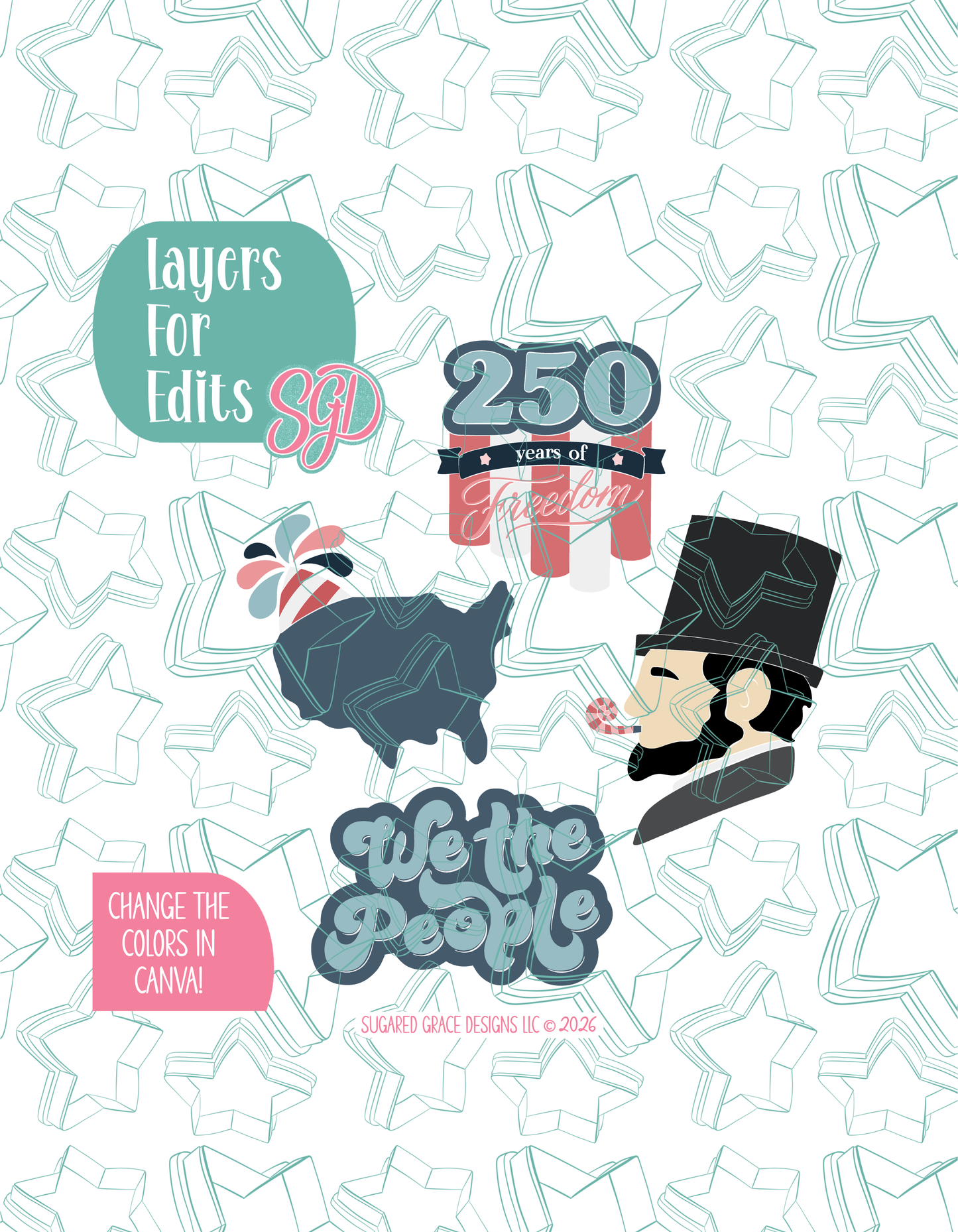 America's 250th Birthday Cookie Cutter set with matching PNG - Set of 4 Designs