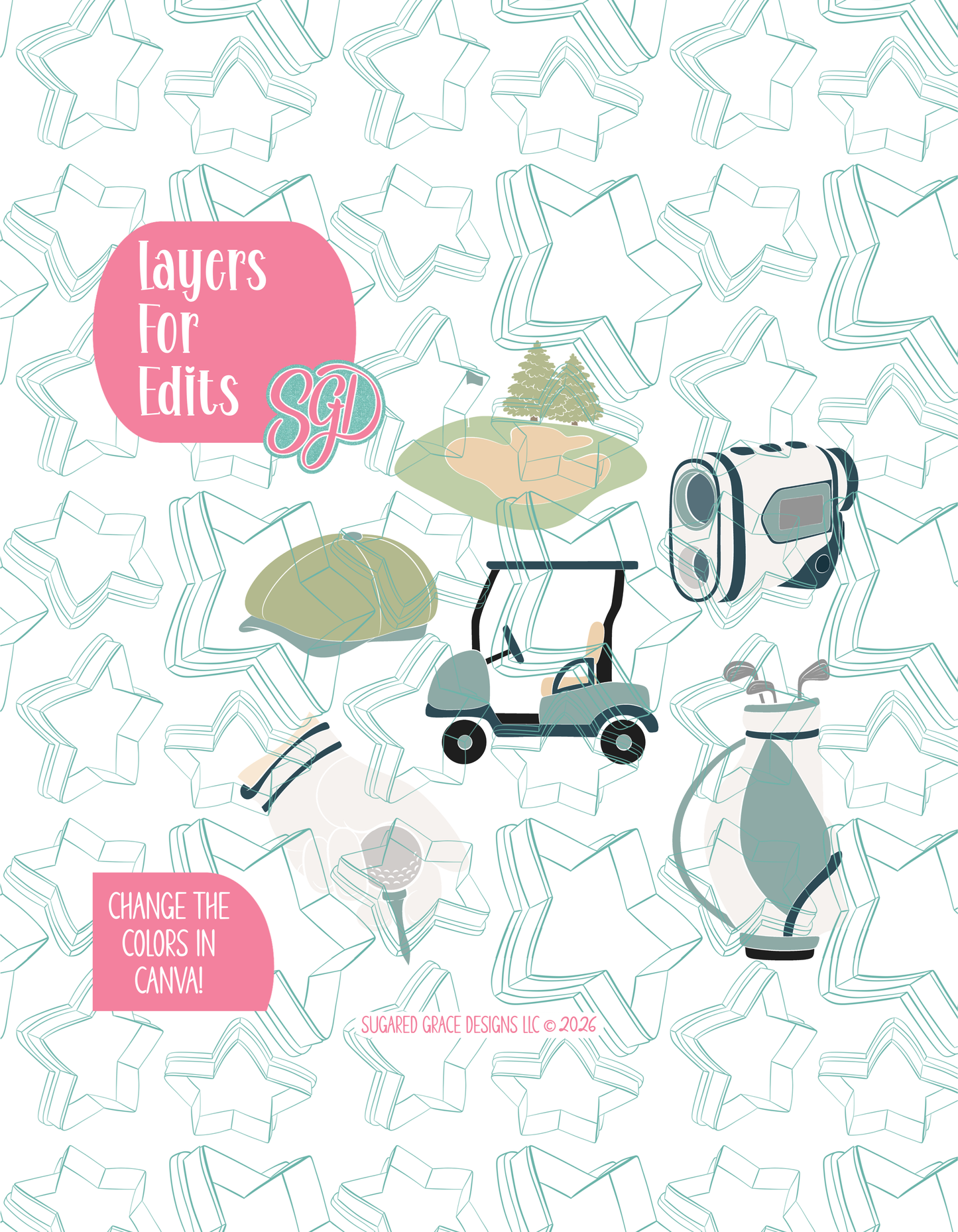 Golf Set of 6 Designs for Edible Ink Printers - Hand Drawn Editable Graphics (Digital Download)
