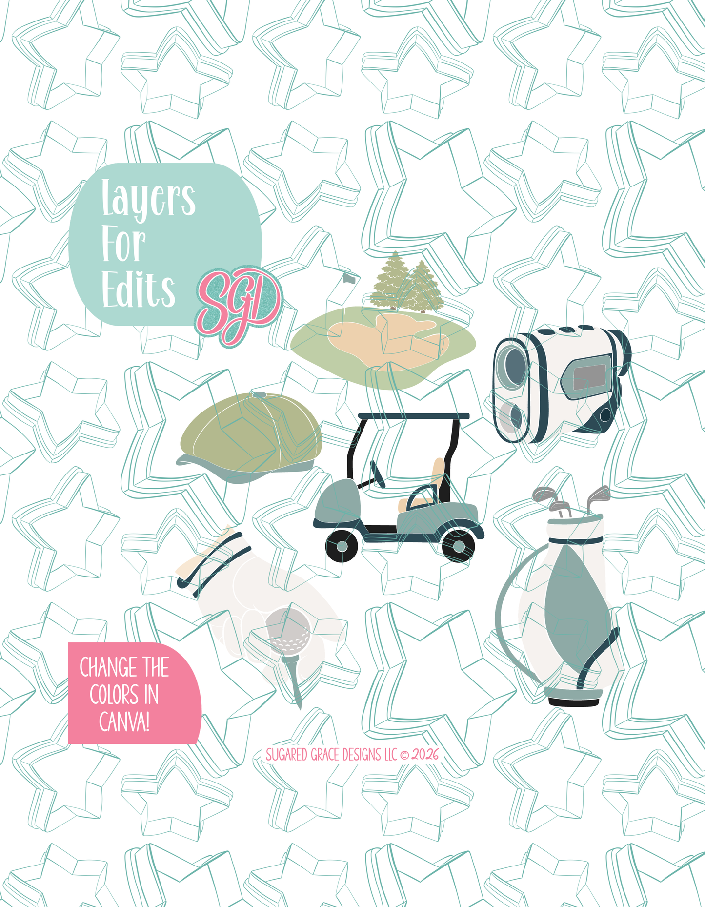 Editable Golf Cookie Cutter STL and PNG Set with 6 Designs (Digital Download)