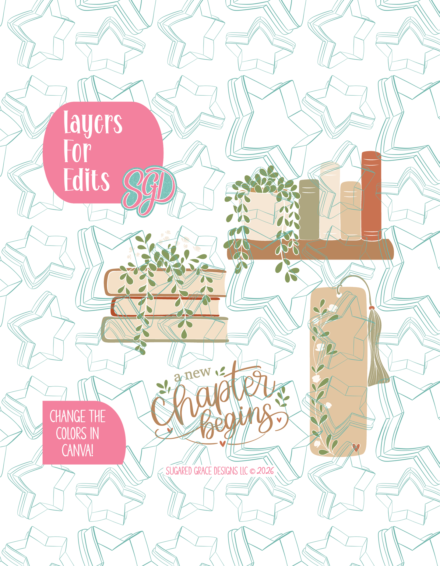 A New Chapter Begins Set of 4 PNG Designs for Edible Ink Printers - Hand Drawn Editable Graphics (Digital Download)