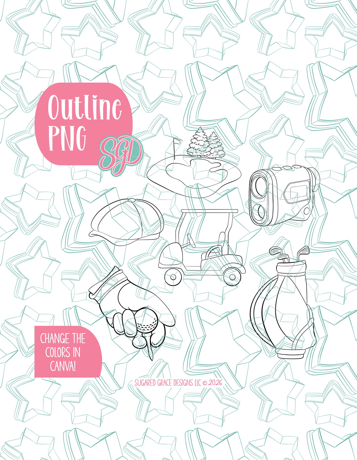 Golf Set of 6 Designs for Edible Ink Printers - Hand Drawn Editable Graphics (Digital Download)