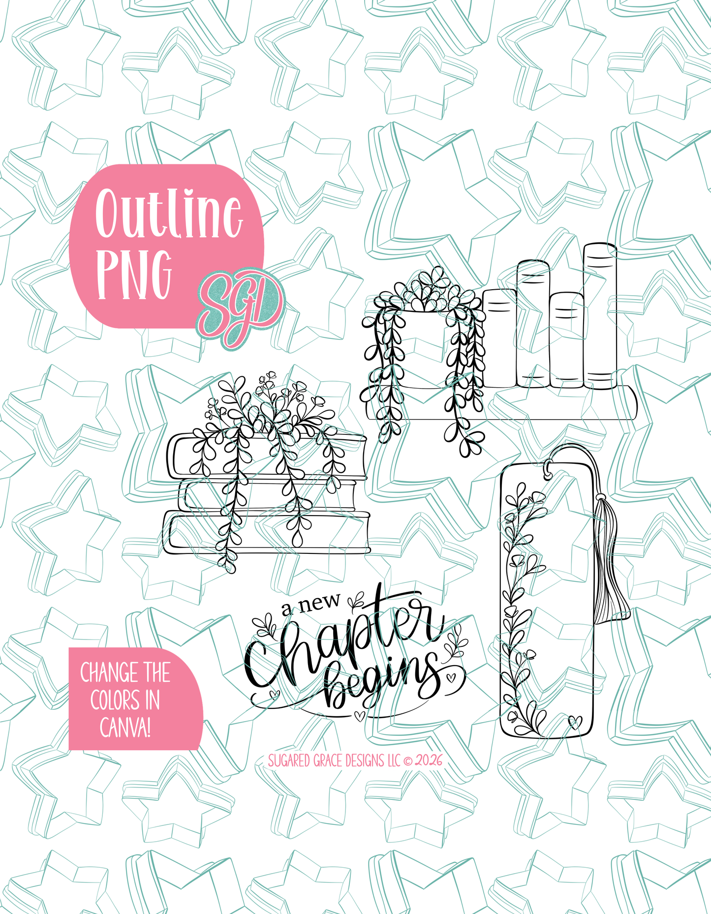 A New Chapter Begins Set of 4 PNG Designs for Edible Ink Printers - Hand Drawn Editable Graphics (Digital Download)
