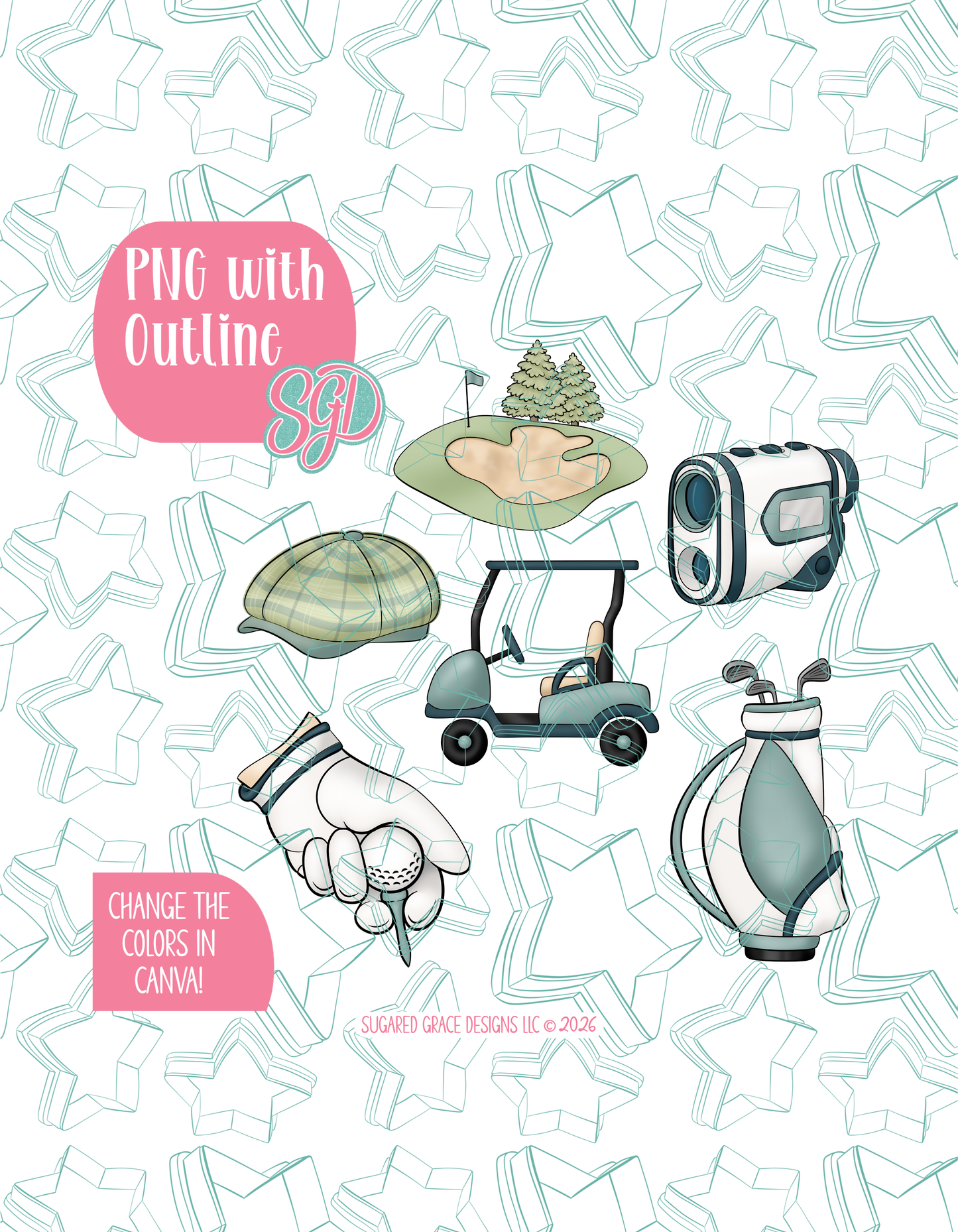Golf Set of 6 Designs for Edible Ink Printers - Hand Drawn Editable Graphics (Digital Download)