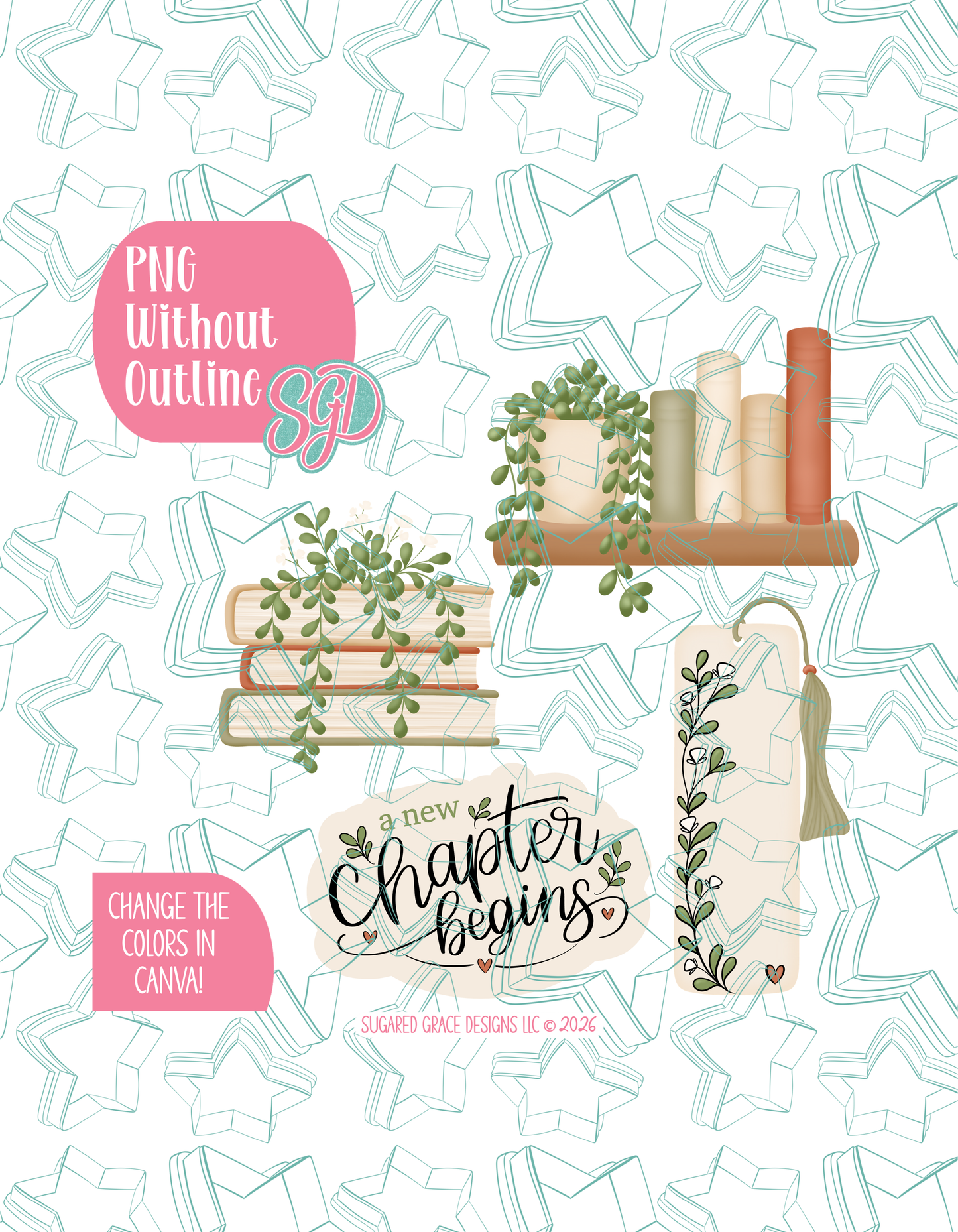 A New Chapter Begins Set of 4 PNG Designs for Edible Ink Printers - Hand Drawn Editable Graphics (Digital Download)