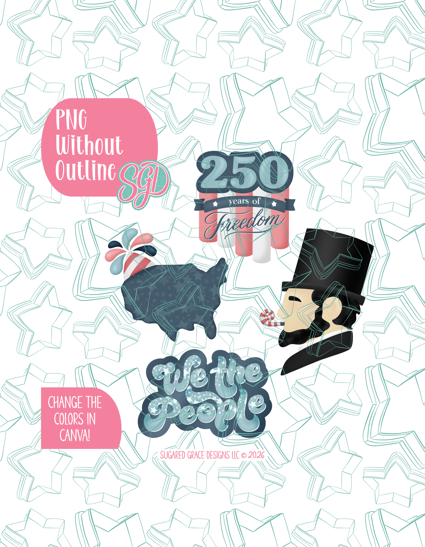 America's 250th Birthday Set of 4 PNG Designs for Edible Ink Printers - Hand Drawn Editable Graphics (Digital Download)