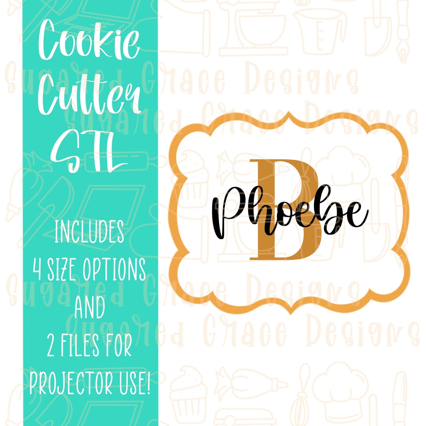 Phoebe Plaque Cookie cutter stl files for 3d printing with matching printable png images for Eddie edible printers
