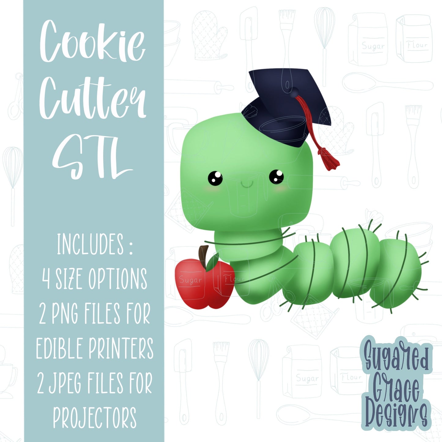 Bookworm graduate cookie cutter stl file for 3D printing and 3D printer, graduation cookie cutter gift for grad, graduation png for Eddie