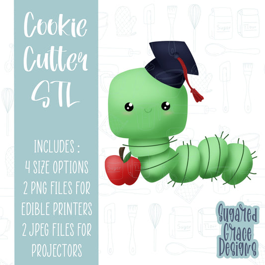 Bookworm graduate cookie cutter stl file for 3D printing and 3D printer, graduation cookie cutter gift for grad, graduation png for Eddie