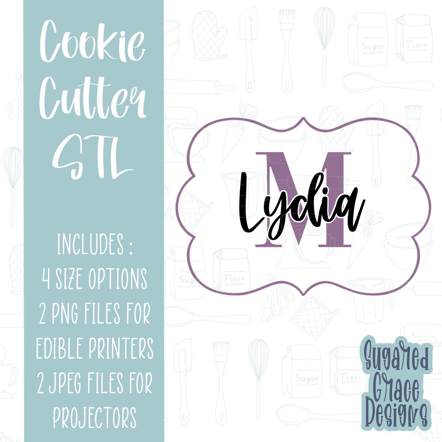 Lydia plaque cookie cutter stl file for 3D printing with png printable instant download for Eddie the edible printer, wedding plaque