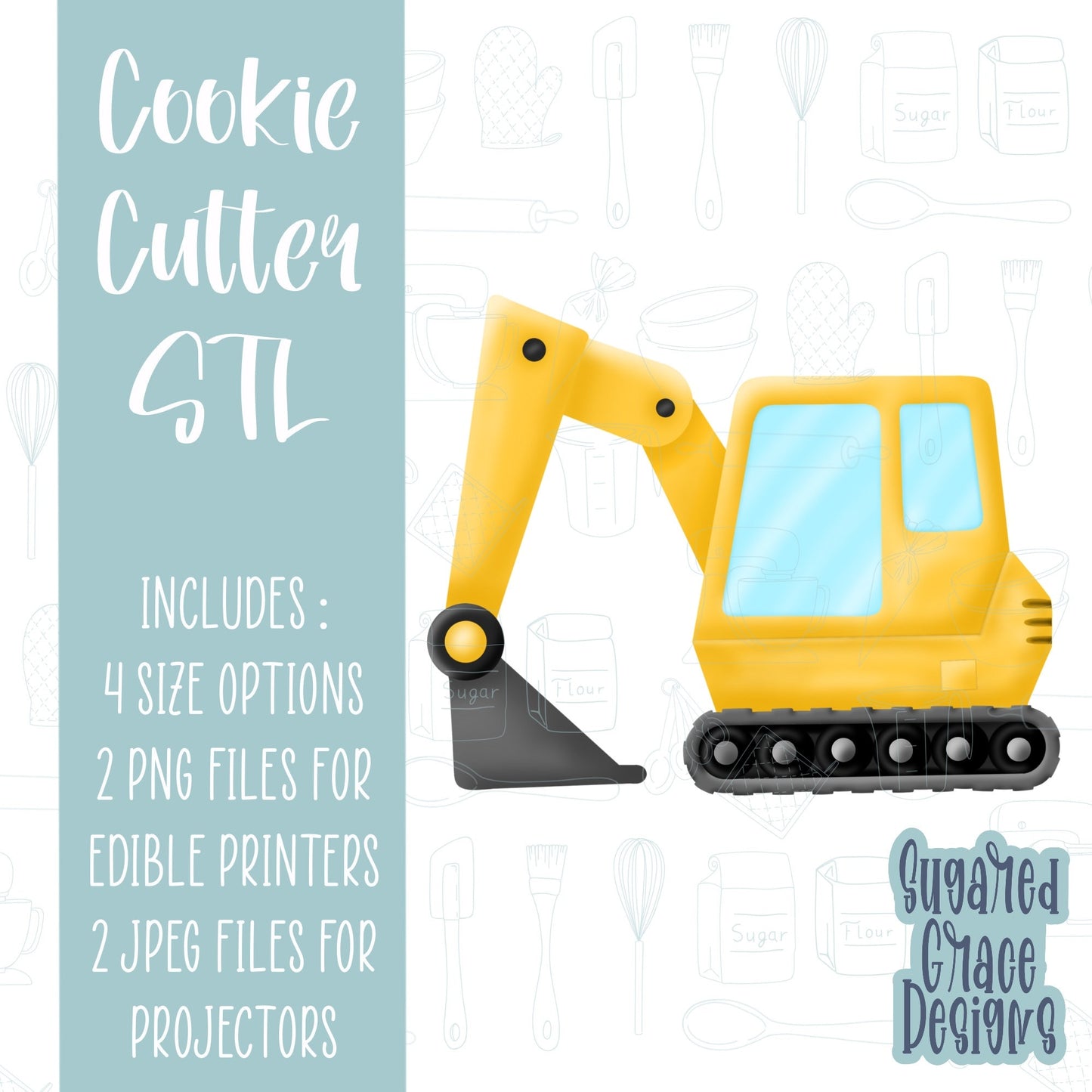 Backhoe or excavator construction cookie cutter stl file for 3D printing with png printable instant download for Eddie the edible printer