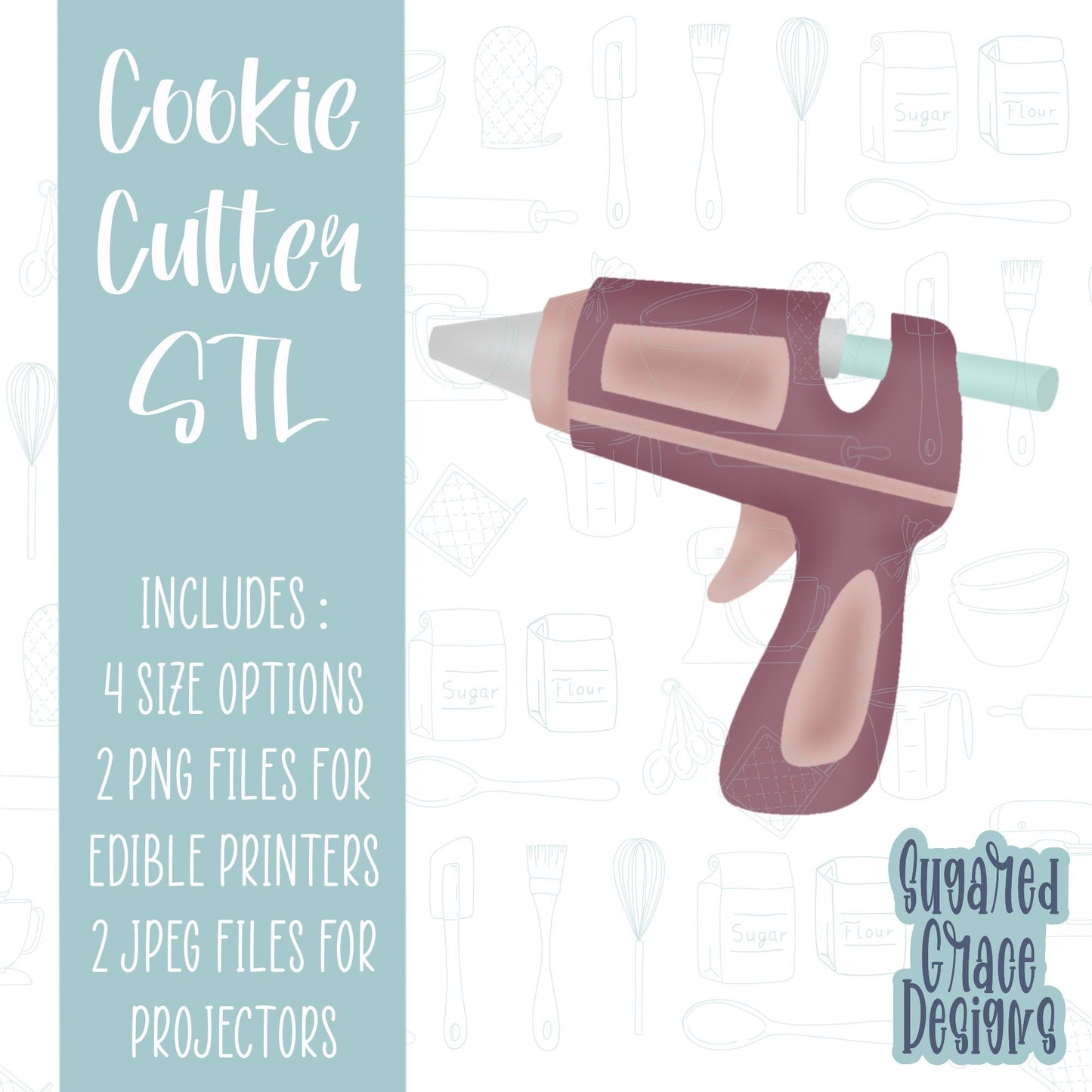 Crafting glue gun Cookie cutter stl files for 3d printing with matching printable png images for Eddie edible printers