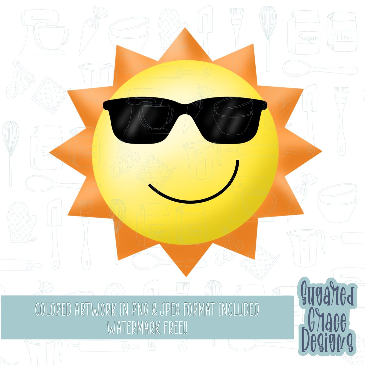 Cool Sun Cookie cutter STL file for 3D printing with png printable instant download for EDDIE edible ink printer, sun with sunglasses image