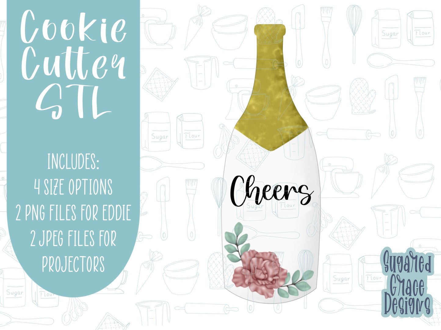 champagne bottle Cookie cutter STL file for 3D printing with png printable instant download for EDDIE edible ink printer, bachelorette gift