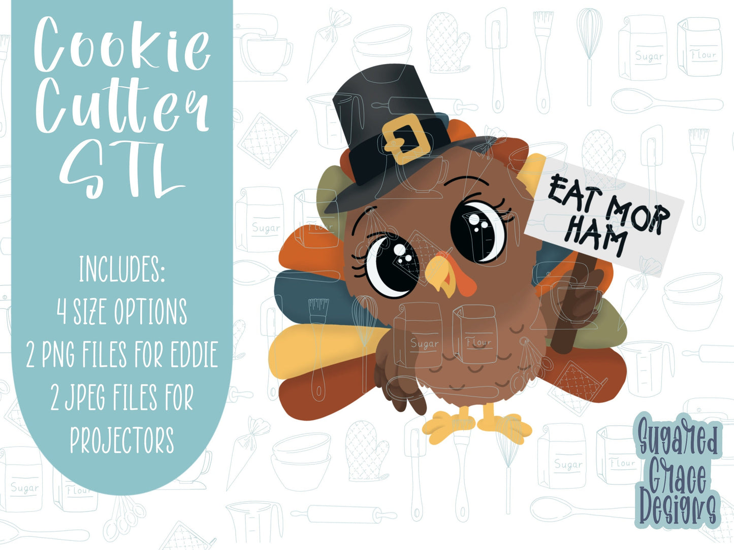 Pilgrim Turkey, Punny Thanksgiving Cookie cutter STL file for 3D printing with png printable instant download for EDDIE edible ink printer