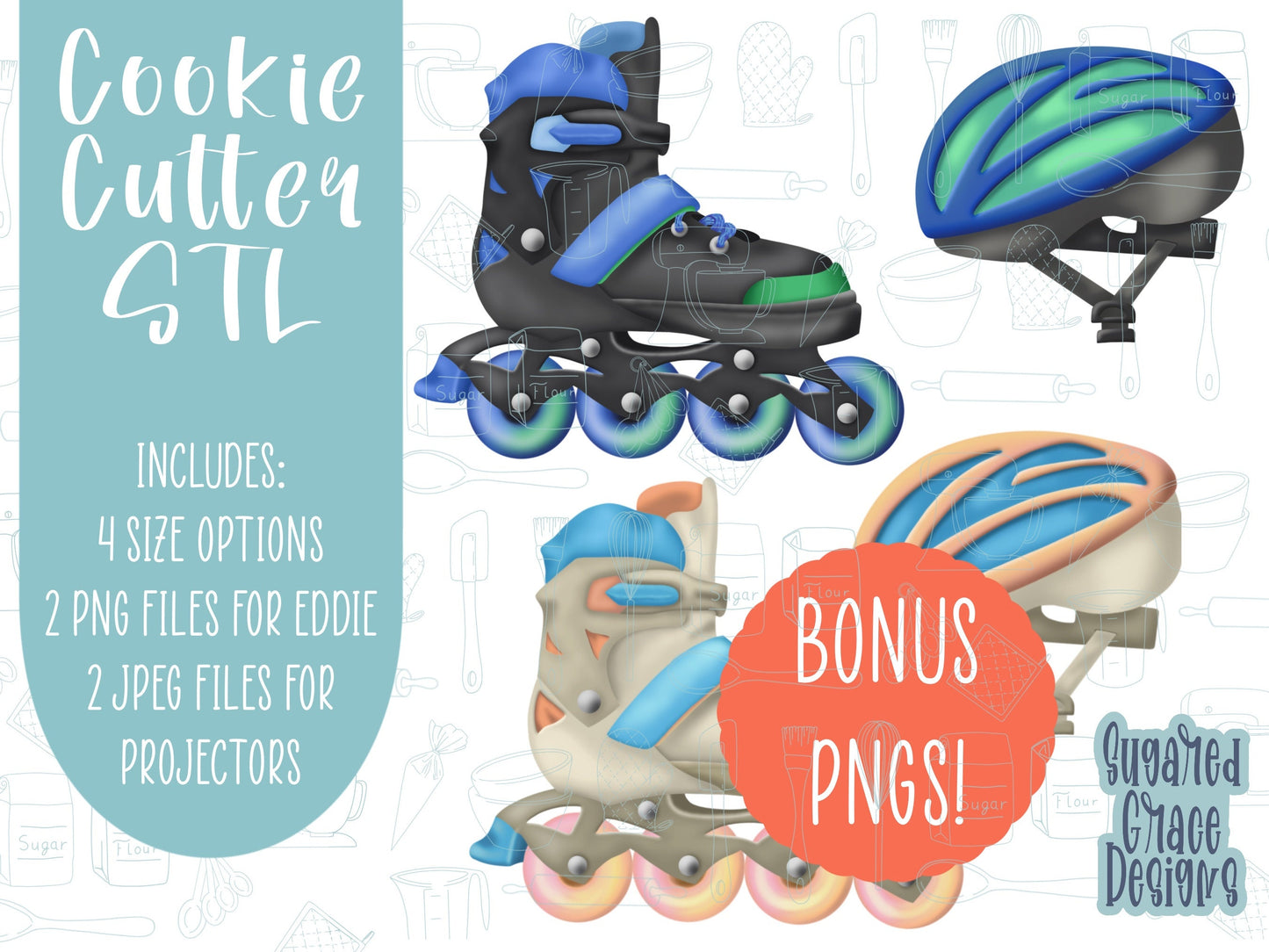 Rollerblade and helmet Cookie cutter STL file for 3D printing with png printable instant download for EDDIE edible ink printer